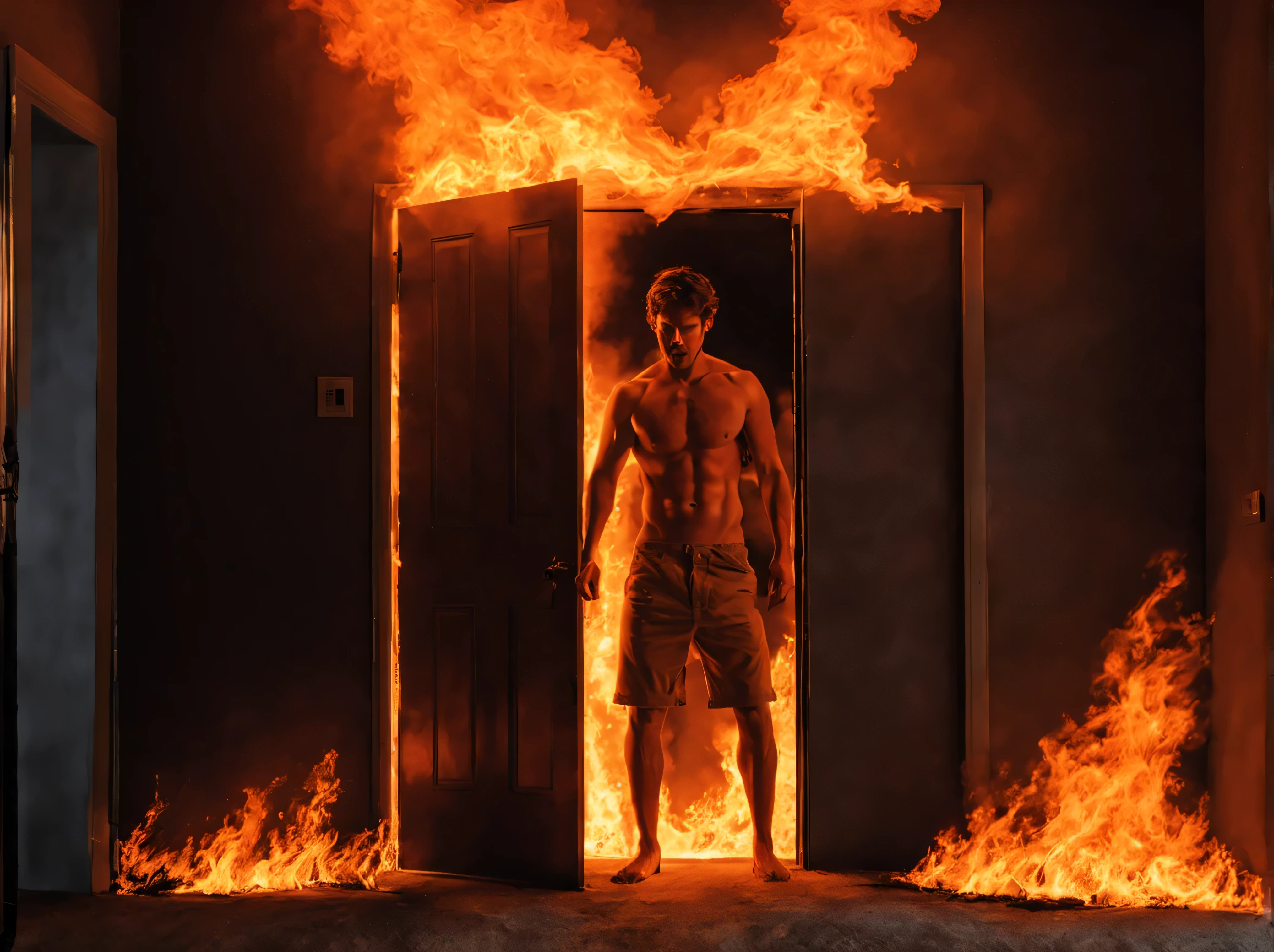 eerie vibes, a shirtless man standing in front of a door with fire coming out of it, fire behind him, body made of fire, on fire, (fire), surrounded with fire, set on fire, house on fire, housefire, fires!! hyperrealistic, with fire, by Adam Marczyński, by Harrington Mann, standing in fire, burning, fire!! full body