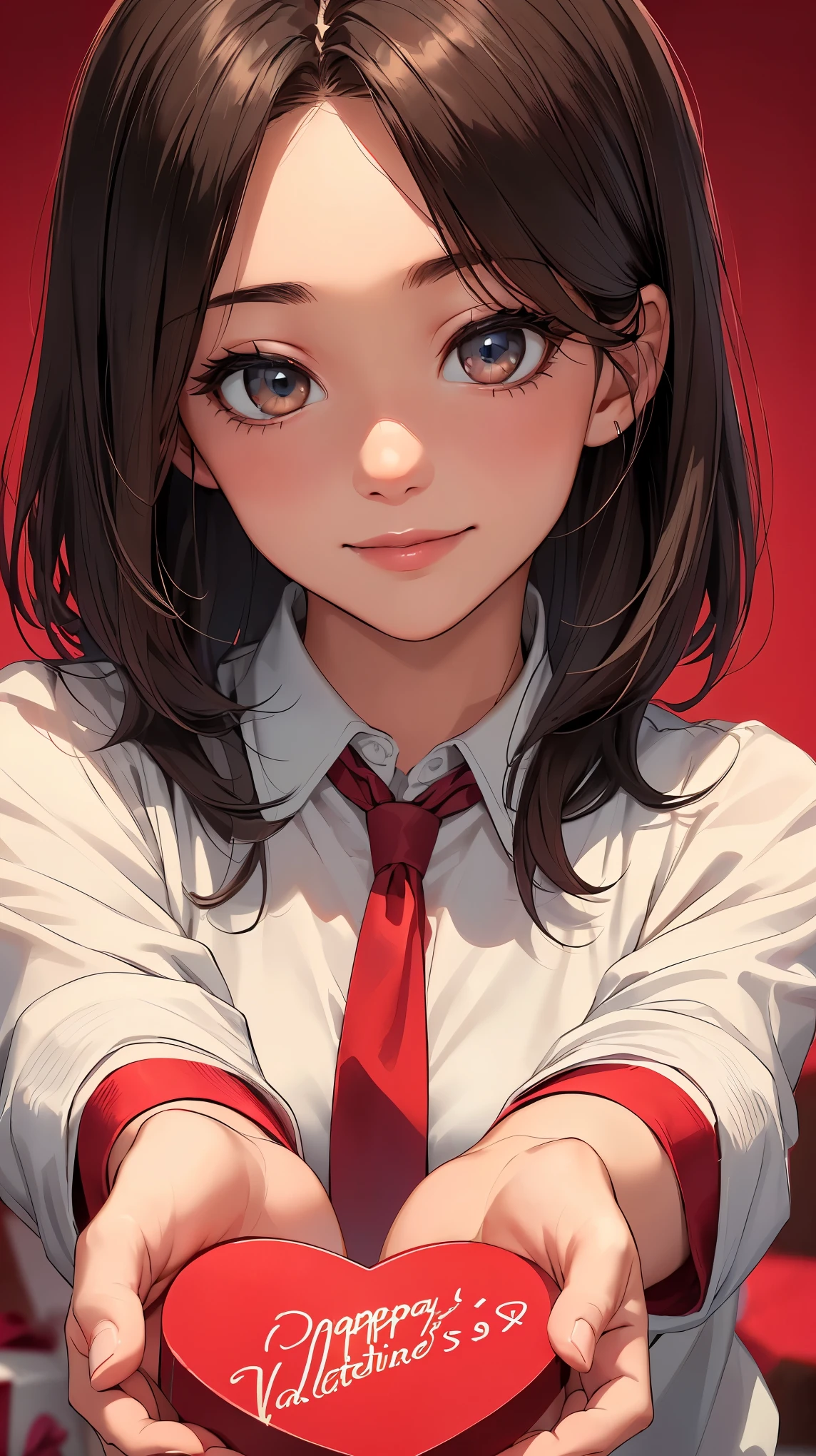 (8K, RAW photo, highest quality, masterpiece: 1.2), High-definition RAW color photo, professional photography, cinematic light, alone, (((young woman, gal))), ((white shirt, red tie)), (beautiful and fine eyes, beautiful detailed lips), (round eyes), (small face), (high detail skin: 1.2), clavicle, cute face, beautiful face, long eyelashes, (black hair, short hair), highly detailed eye drawing, ((highly detailed face)), (slim body shape:1.2), highly detailed faceと肌の質感, double eyelid, upward glance, (romantic atmosphere、bright colors), colorful, beautiful girl, smile, long hair, happy expression, ((Hold the heart-shaped gift box with both hands and hold it out.:1.9, valentine's day package, stretch your arms)), (Red and brown pop valentine's day background), hidden love, Heartwarming, soft lighting, blush, Excited, romantic atmosphere, present, expression of joy, Bright colors,