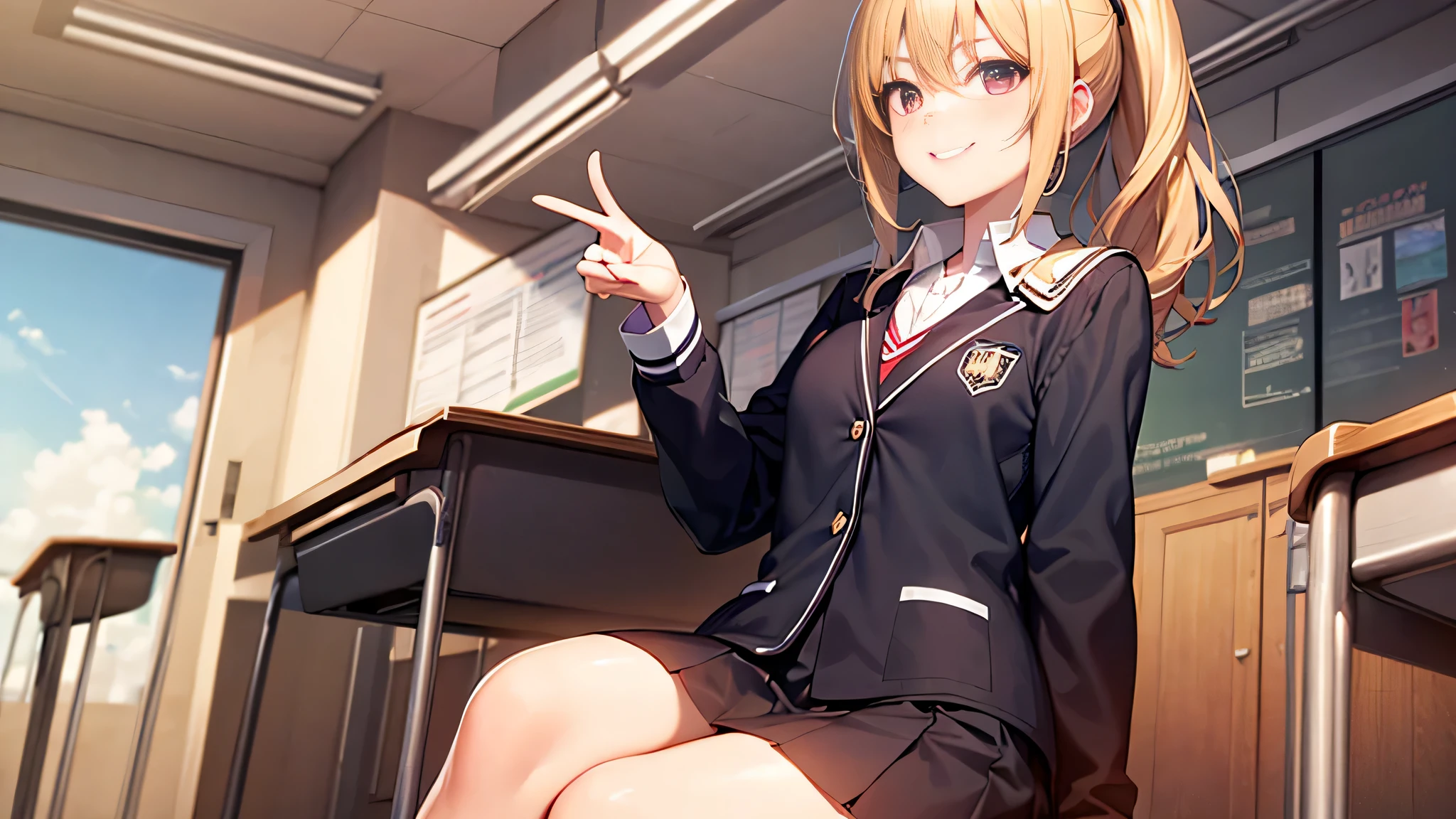 blonde ponytail red eyes one girl high school girl uniform school classroom smile
