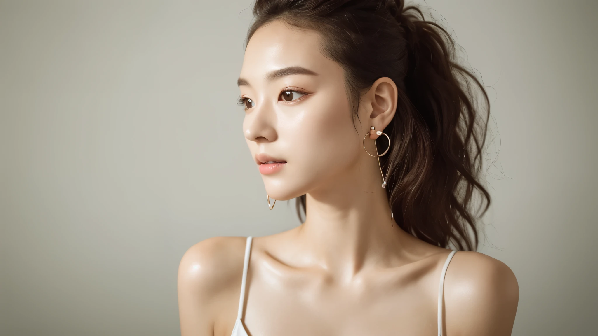 masterpiece, highest quality, alone, 1 girl, glowing skin, hoop earrings, glamorous, quirky details, smooth hair, fascinating, crop top, long pants, shallow depth of field, contrasting, professional model, facing the front, portrait