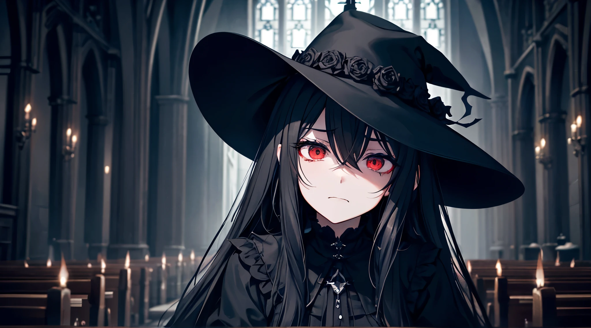 Rasvos、gothic、total darkness、black dress、dark、inside a church、wear a big black hat、Fluffy expression、Cheek cane、Luxurious chairs、hatred、grudge、red eyes、hatred、despair、unhappy expression、、