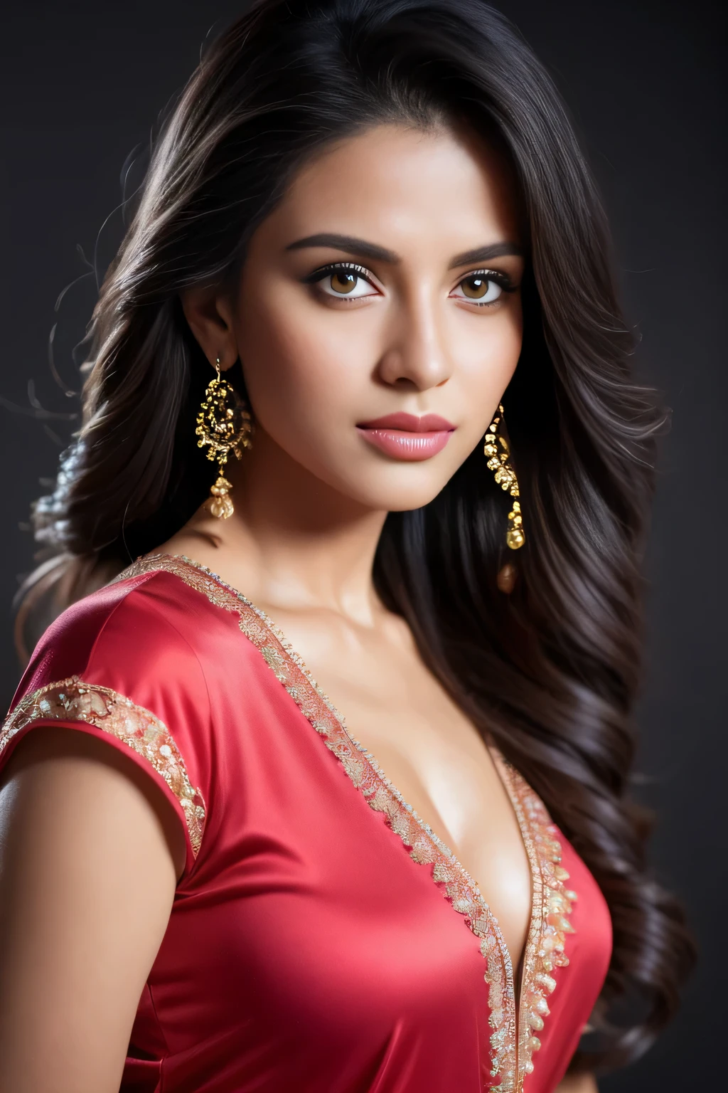 A pretty looking indian woman with long flowing hair, studio fashion shoot, fashion model, pink western dress, hazel eyes, perfect composition, hyperrealistic, super detailed, 8k, high quality, trending art, trending on artstation, sharp focus, intricate details, highly detailed, art by greg rutkowski