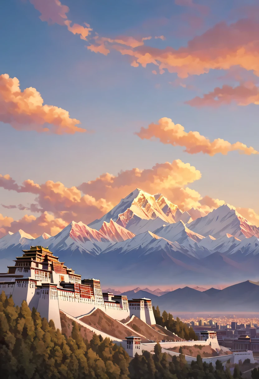 Potala Palace Sunset，Distant Mount Everest，The mysterious Potala Palace，Solemn and sacred，Majestic and glorious，Sunset，Sunset，cloud，