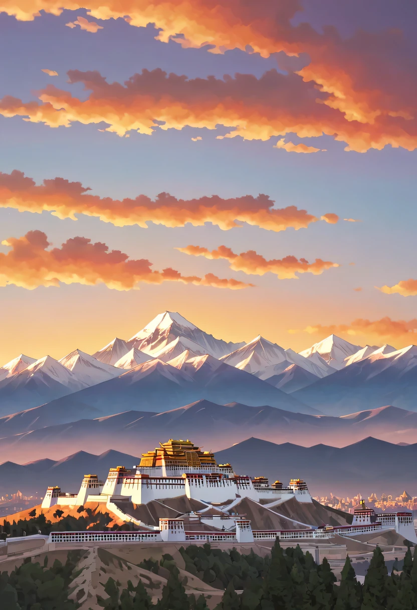 Potala Palace Sunset，Distant Mount Everest，The mysterious Potala Palace，Solemn and sacred，Majestic and glorious，Sunset，Sunset，cloud，