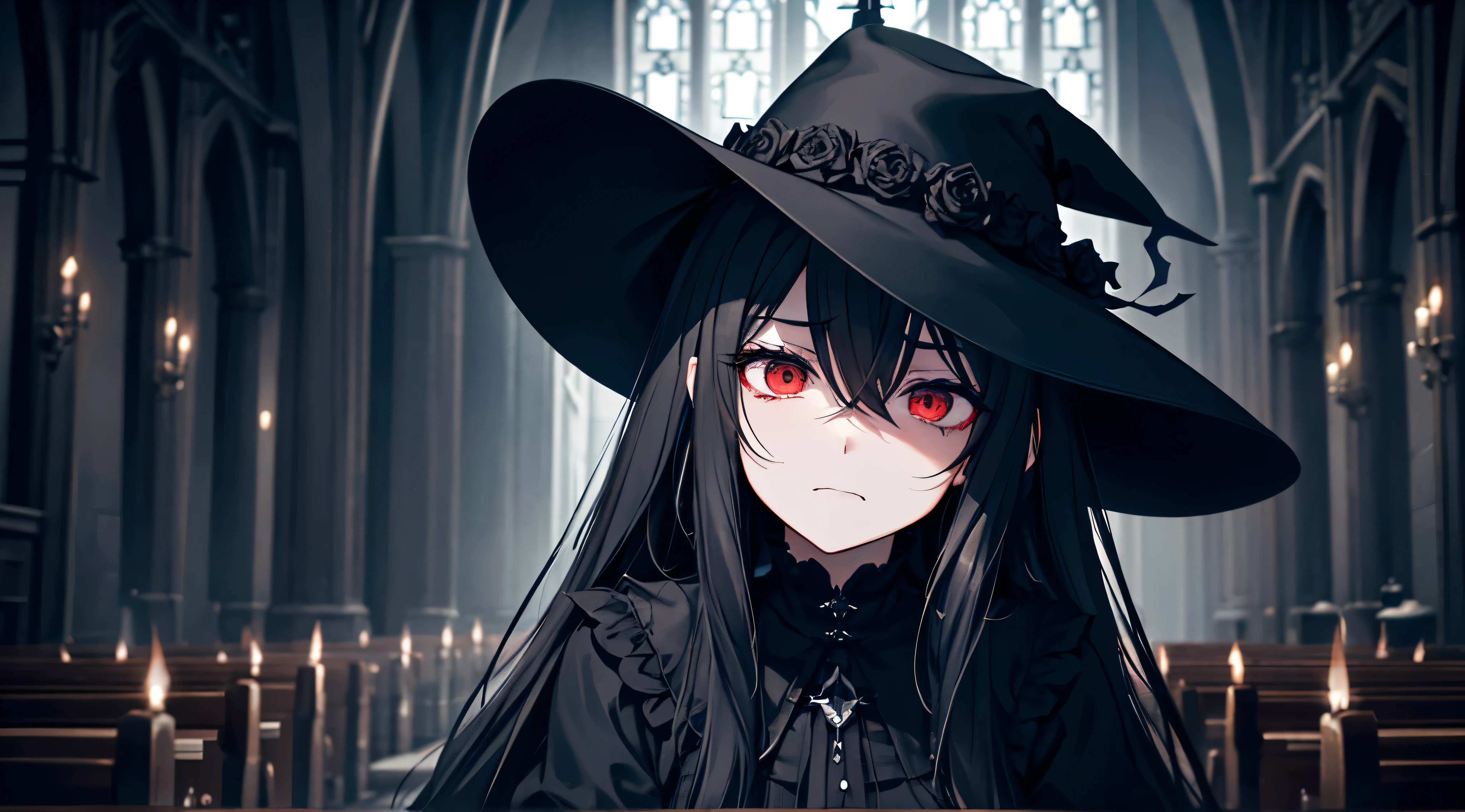 Rasvos、gothic、total darkness、black dress、dark、inside a church、wear a big black hat、Fluffy look、rest one's chin on one's chin、Luxurious chairs、hatred、grudge、red eyes、hatred、despair、unhappy expression、、