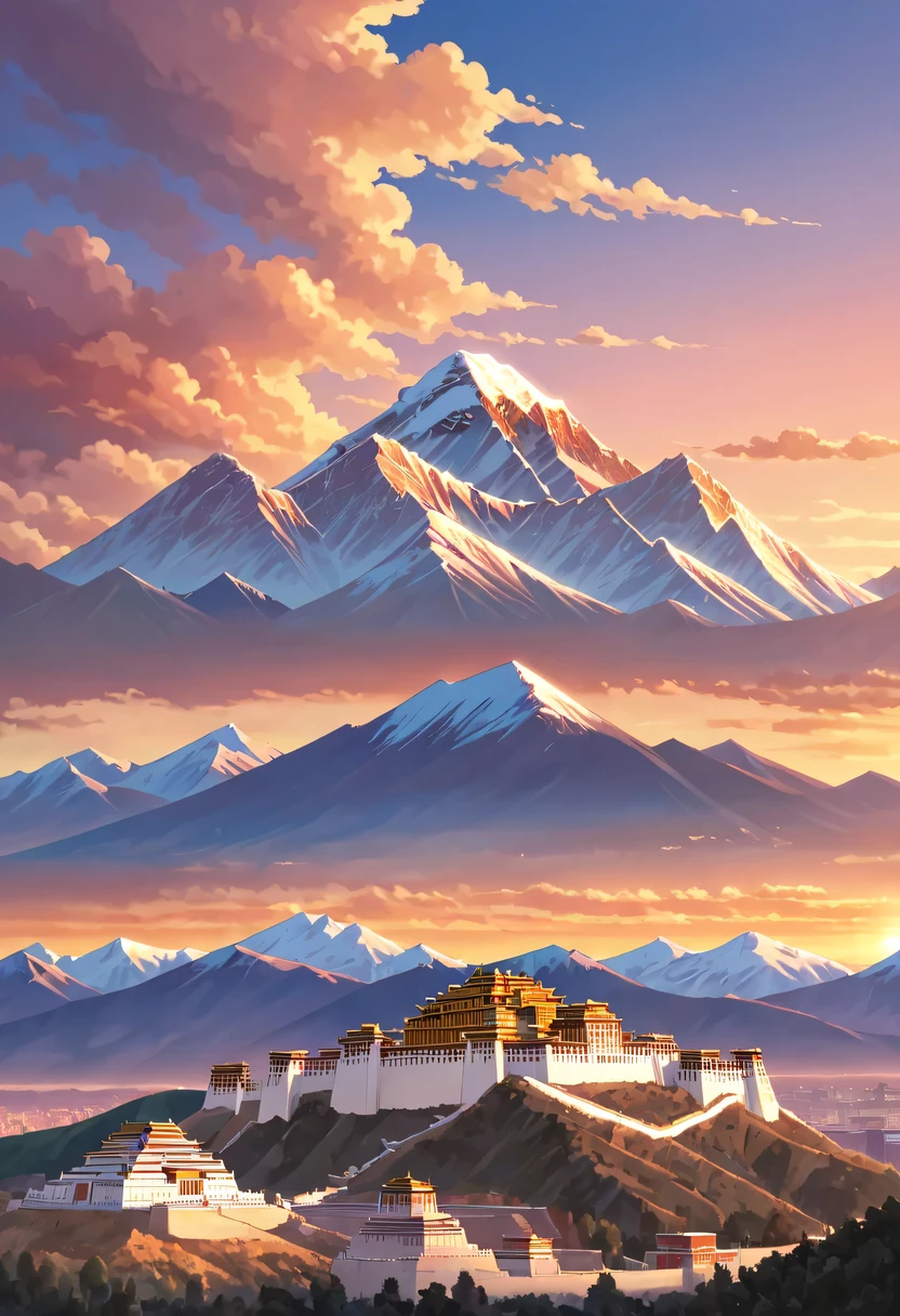Potala Palace Sunset,Distant Mount Everest,The mysterious Potala Palace,Solemn and sacred,Majestic and glorious,Sunset,Sunset,cloud,