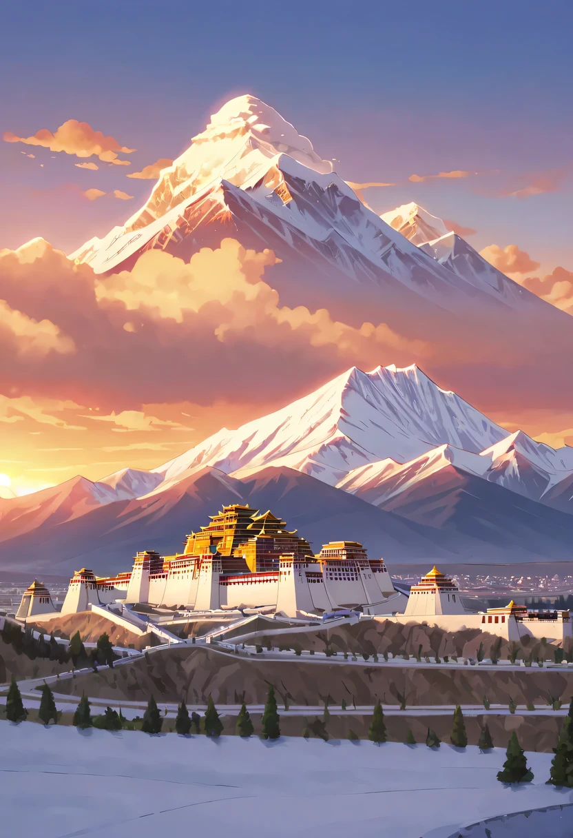 Potala Palace Sunset，Distant Mount Everest，The mysterious Potala Palace，Solemn and sacred，Majestic and glorious，Sunset，Sunset，cloud，