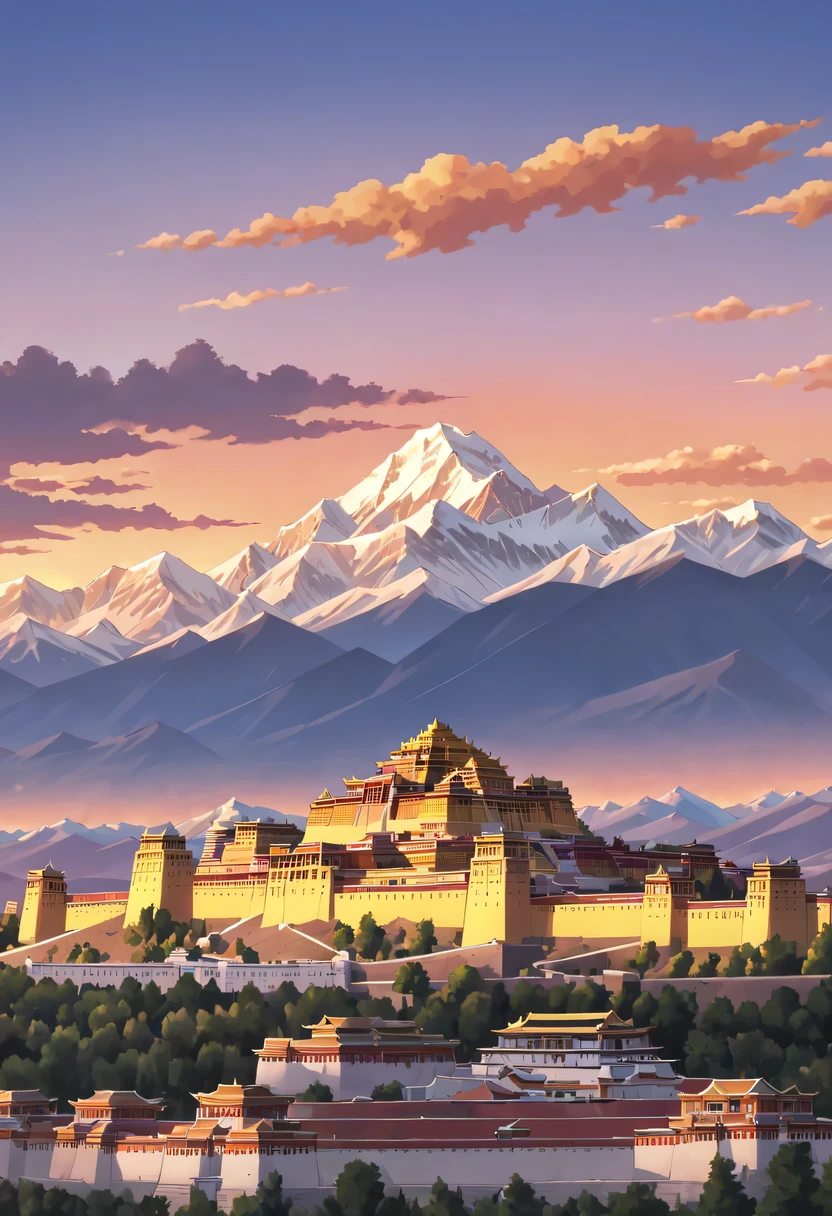 Potala Palace Sunset,Distant Mount Everest,The mysterious Potala Palace,Solemn and sacred,Majestic and glorious,Sunset,Sunset,cloud,