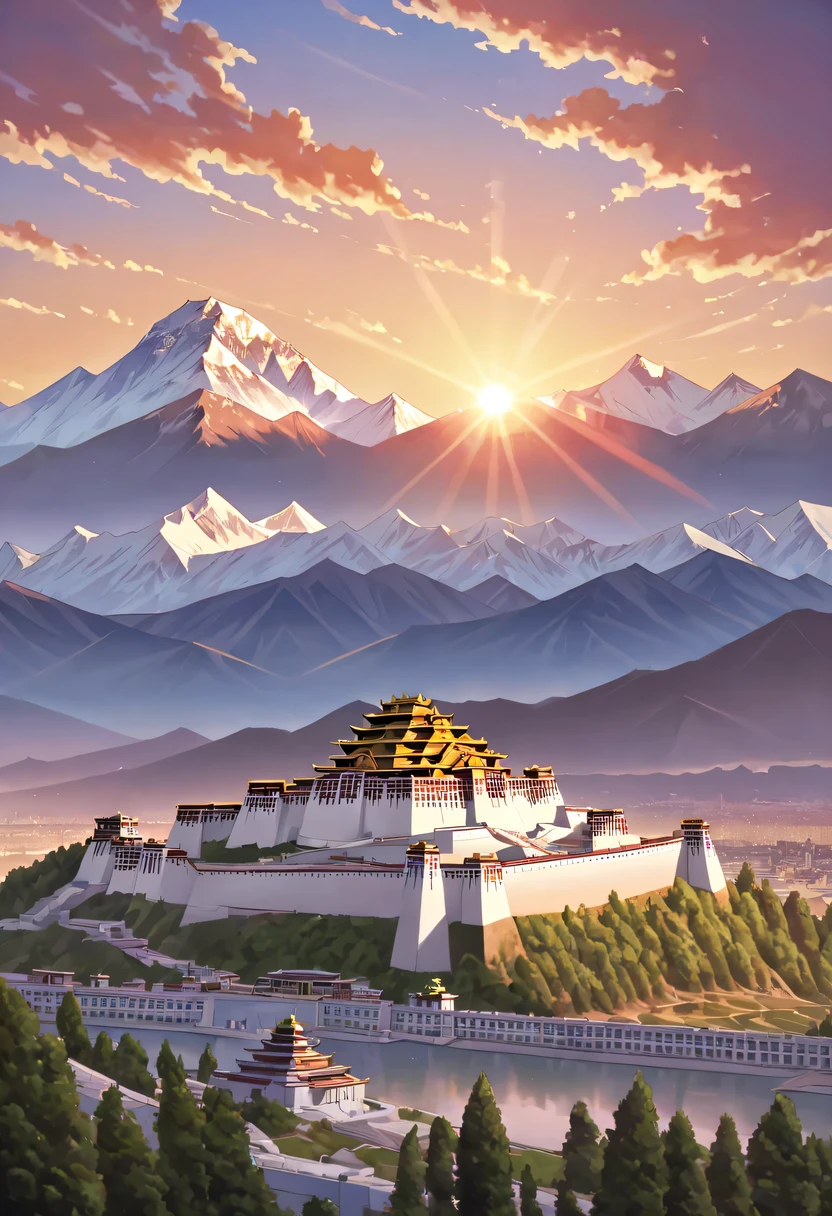 Potala Palace Sunset，Distant Mount Everest，The mysterious Potala Palace，Solemn and sacred，Majestic and glorious，Sunset，Sunset，cloud，
