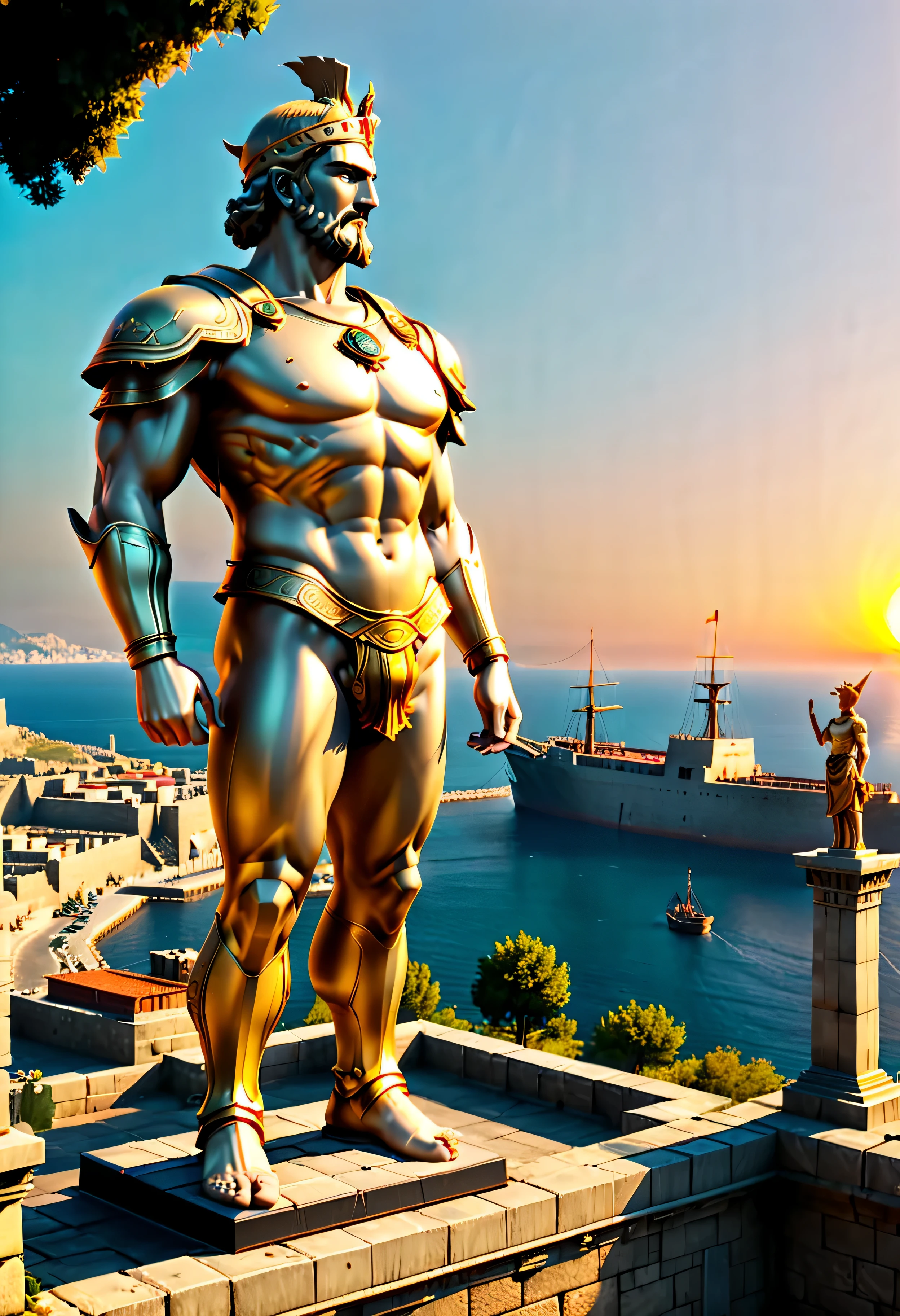 The corner castle terrace overlooks Ancient city of Rhodes with view of the Port, mesmerizing Colossus of Rhodes bathed by Sunset light,((golden hour time):1.2),((Ancient City with Port):1.2),((Colossus giant statue):1.1),delicate golden hour light, amazing wallpapers, beautiful surroundings, optimistic matte painting, Beautiful digital artwork, Ancient city background, Beautiful and detailed scenes, UHD underground, UHD landscape, Masjestic concept art, beautiful Ancient City. |(Masterpiece in maximum 16K resolution), the best quality, (very detailed CG unity 16k wallpaper quality),(Soft colors 16k highly detailed digital art),Super Detailed. | Perfect image,16k UE5,official painting, superfine, Depth of field, no contrast, clean sharp focus, professional, No blurring. | (((More detail))).