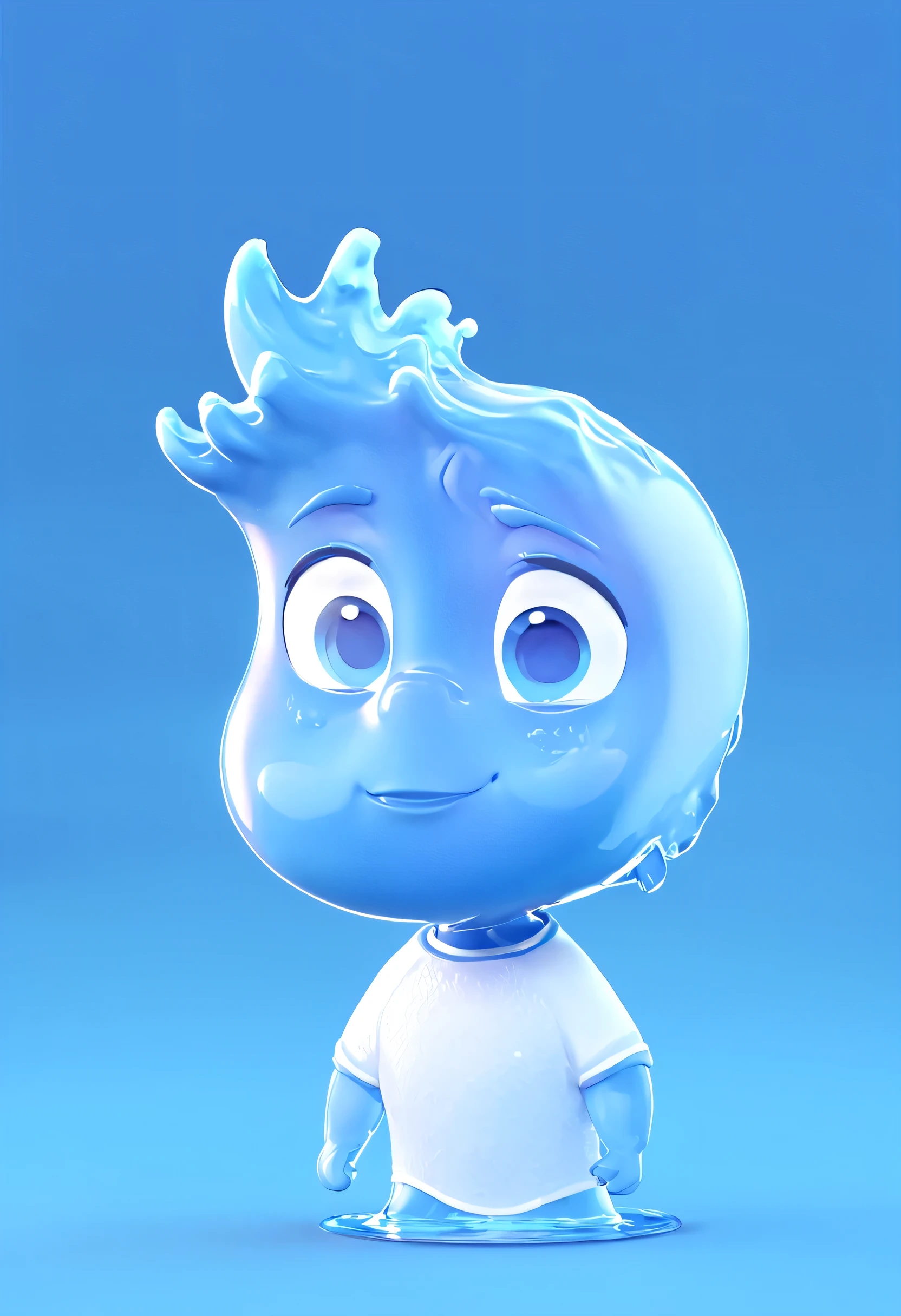 concept 3d render of wade standing, 3d scene render, head in profile from the side, cute chibi wade, standing from the side, ((view on the side of the head)), view from the side, vivid blue glossy texture, glossy painting, high detailed water texture, vivid saturation render, pure blue background, ((3d render, perfect smooth 3d model))