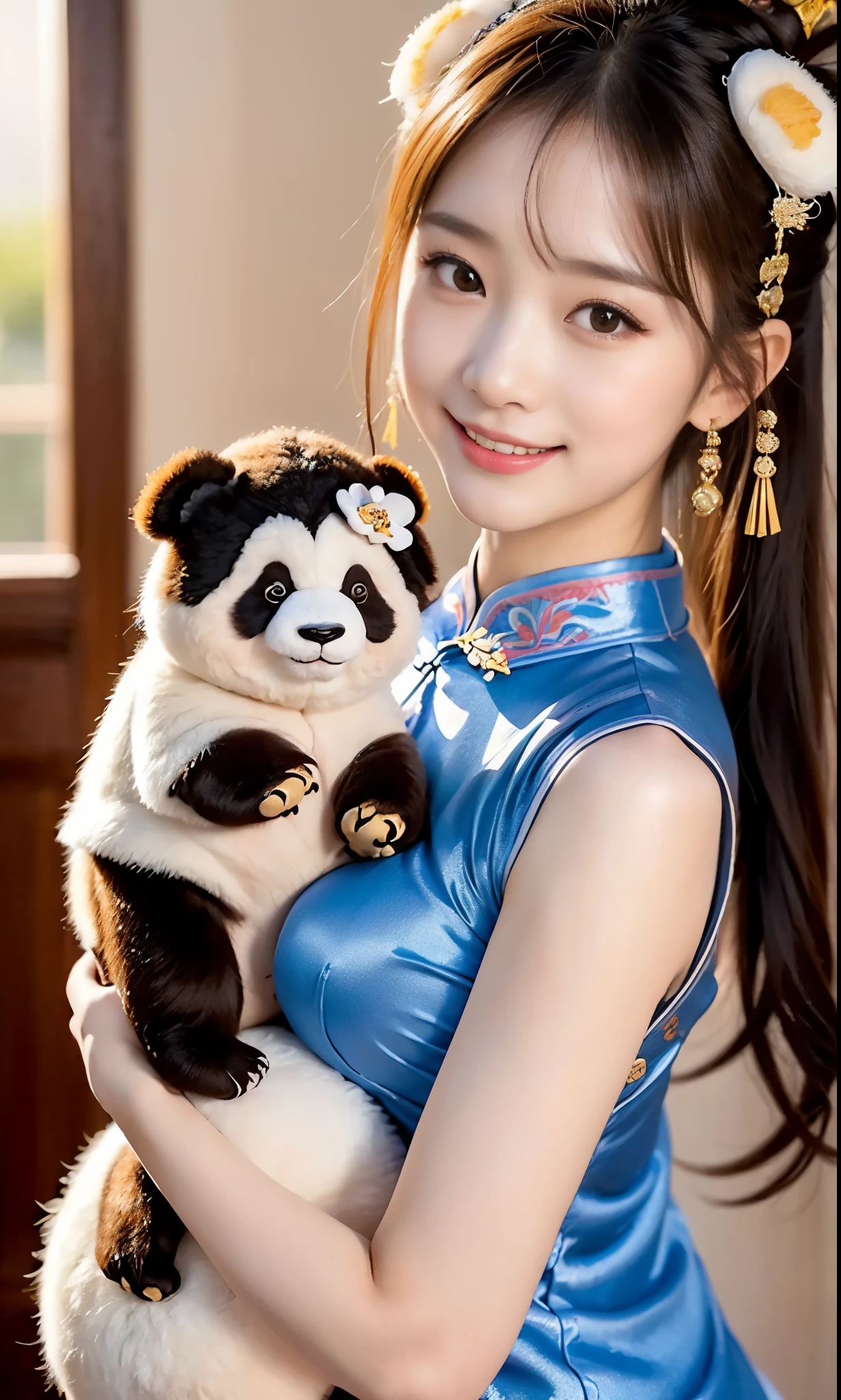 (super highest quality、Super high resolution、８ｋ、masterpiece:1.3)、beautiful woman with perfect figure:1.4、、black hair、((Blue cheongsam))、((((((no background)))))、cute、highly detailed face and skin、fine eyes、double eyelid、thin legs、best smile、(((１people)))、(Woman with stuffed panda)、((１2 large stuffed pister pandas))、best smile、extraordinary beauty、Age is  years、perfect proportions、((Cheongsam with dragon design))、Bury your face in a stuffed panda、cuteパンダのぬいぐるみ、