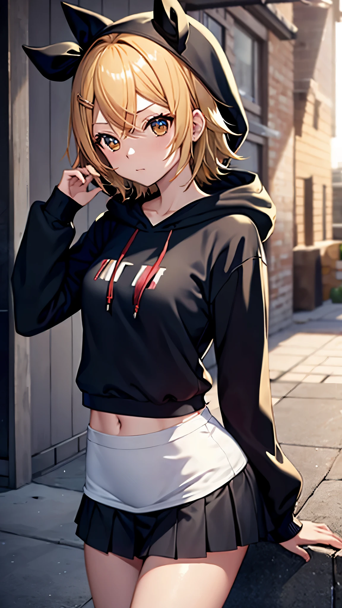 Kagamine rin , 1 girl , wearing a red hooded sweater , white miniskirt with gold horizontal lines , viendo al espectador , bragas visibles , rostro seductor ,(imagen de ultra alta calidad 8k ) obra maestra ( high-definition picture ) , maximum image resolution , ( detalles de la imagen bien definidos )