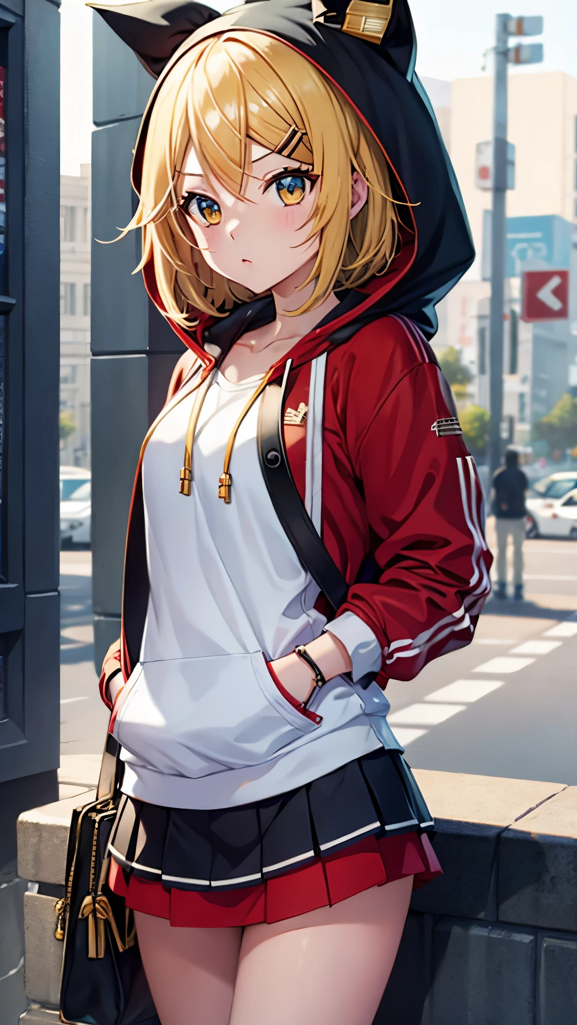 Kagamine rin , 1 girl , wearing a red hooded sweater , white miniskirt with gold horizontal lines , viendo al espectador , bragas visibles , rostro seductor ,(imagen de ultra alta calidad 8k ) obra maestra ( high-definition picture ) , maximum image resolution , ( detalles de la imagen bien definidos )