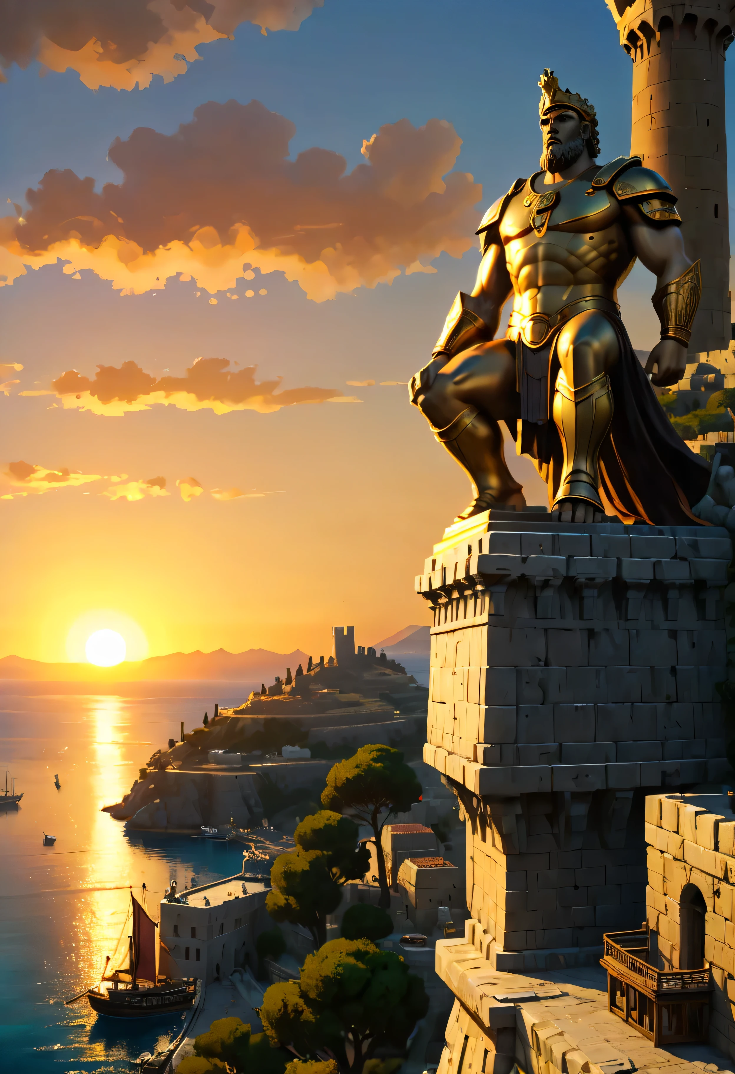 The corner castle terrace overlooks Ancient city of Rhodes with view of the Port, mesmerizing Colossus of Rhodes bathed by Sunset light,((golden hour time):1.2),((Ancient City with Port):1.2),((Colossus giant statue):1.1),delicate golden hour light, amazing wallpapers, beautiful surroundings, optimistic matte painting, Beautiful digital artwork, Ancient city background, Beautiful and detailed scenes, UHD underground, UHD landscape, Masjestic concept art, beautiful Ancient City. |(Masterpiece in maximum 16K resolution), the best quality, (very detailed CG unity 16k wallpaper quality),(Soft colors 16k highly detailed digital art),Super Detailed. | Perfect image,16k UE5,official painting, superfine, Depth of field, no contrast, clean sharp focus, professional, No blurring. | (((More detail))).