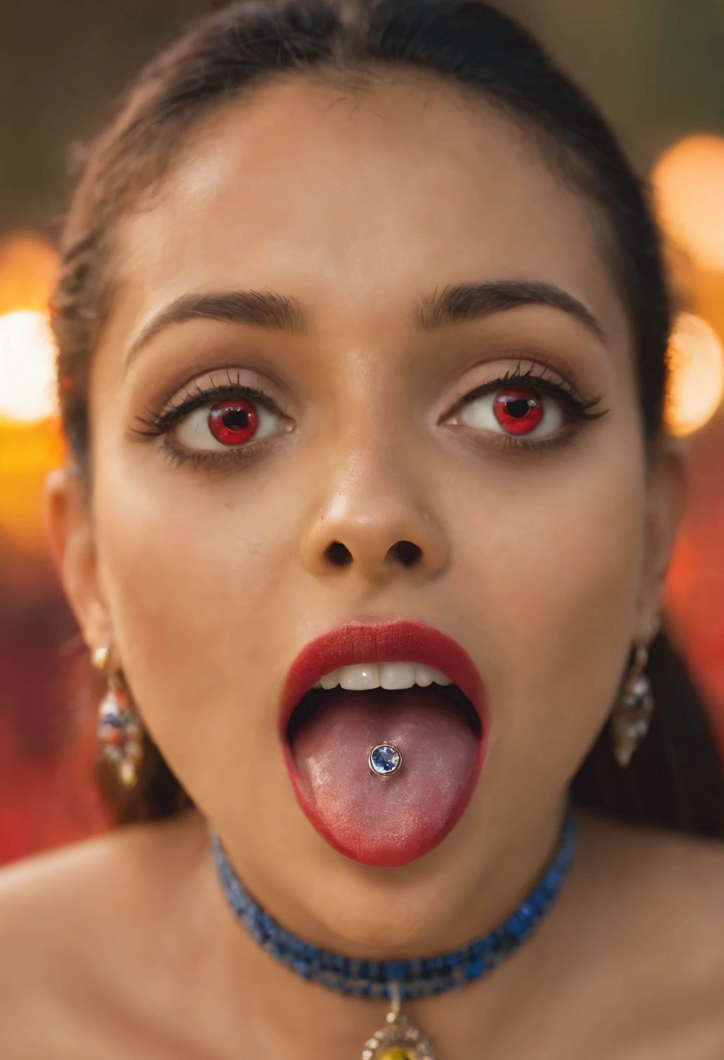 tongue piercing, jewelry, 1 woman, , , open mouth, Indian, red eyes, choker, festival night, sapphire, (detailed, highres, high saturation)