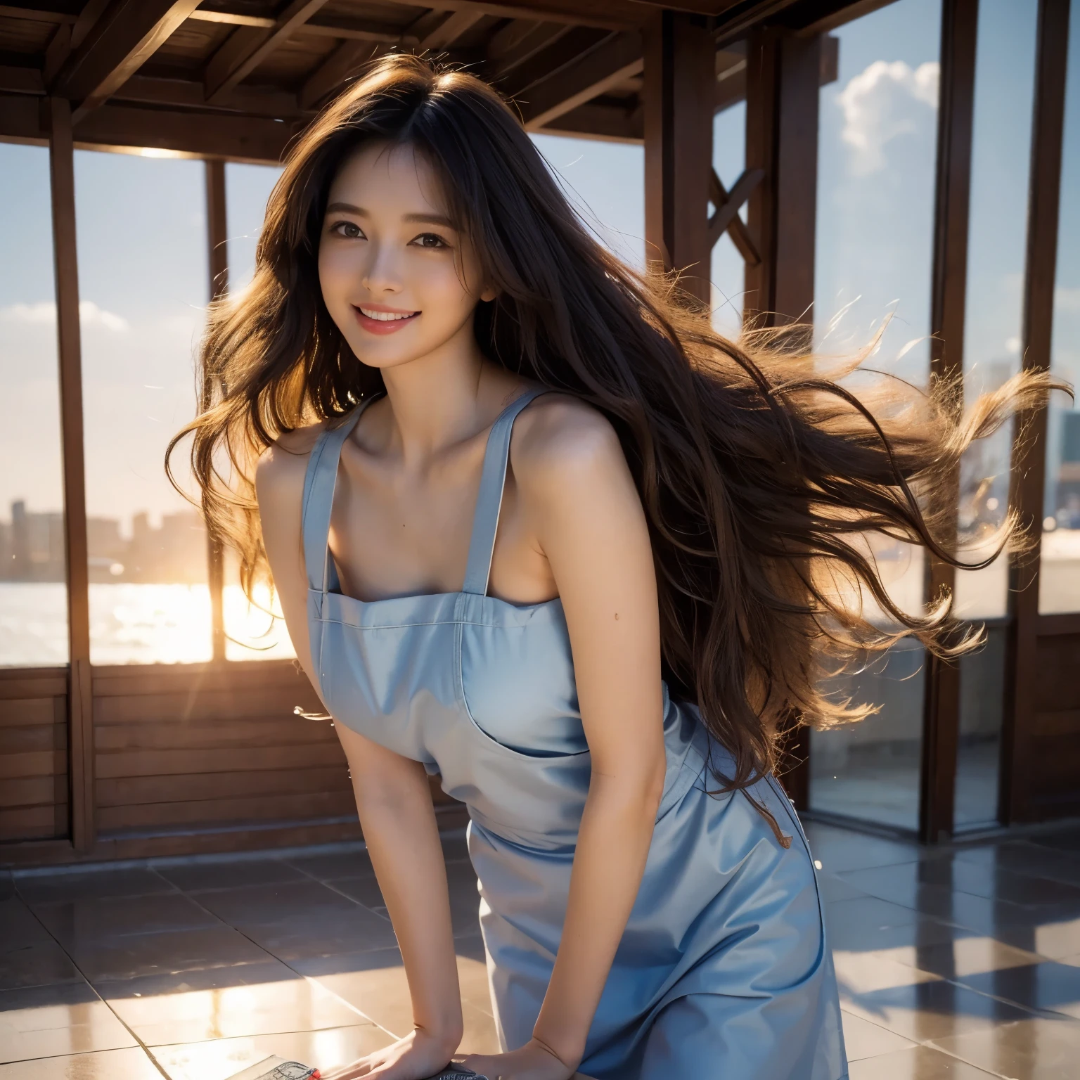 Supermodel with detailed long curly curly curly flowing hair, professional photography,turn around, upward glance, With a happy expression, With the Tower of the Sun in the background, real world, wet floor,, Holding a wallet in hand,young woman,Apron naked,