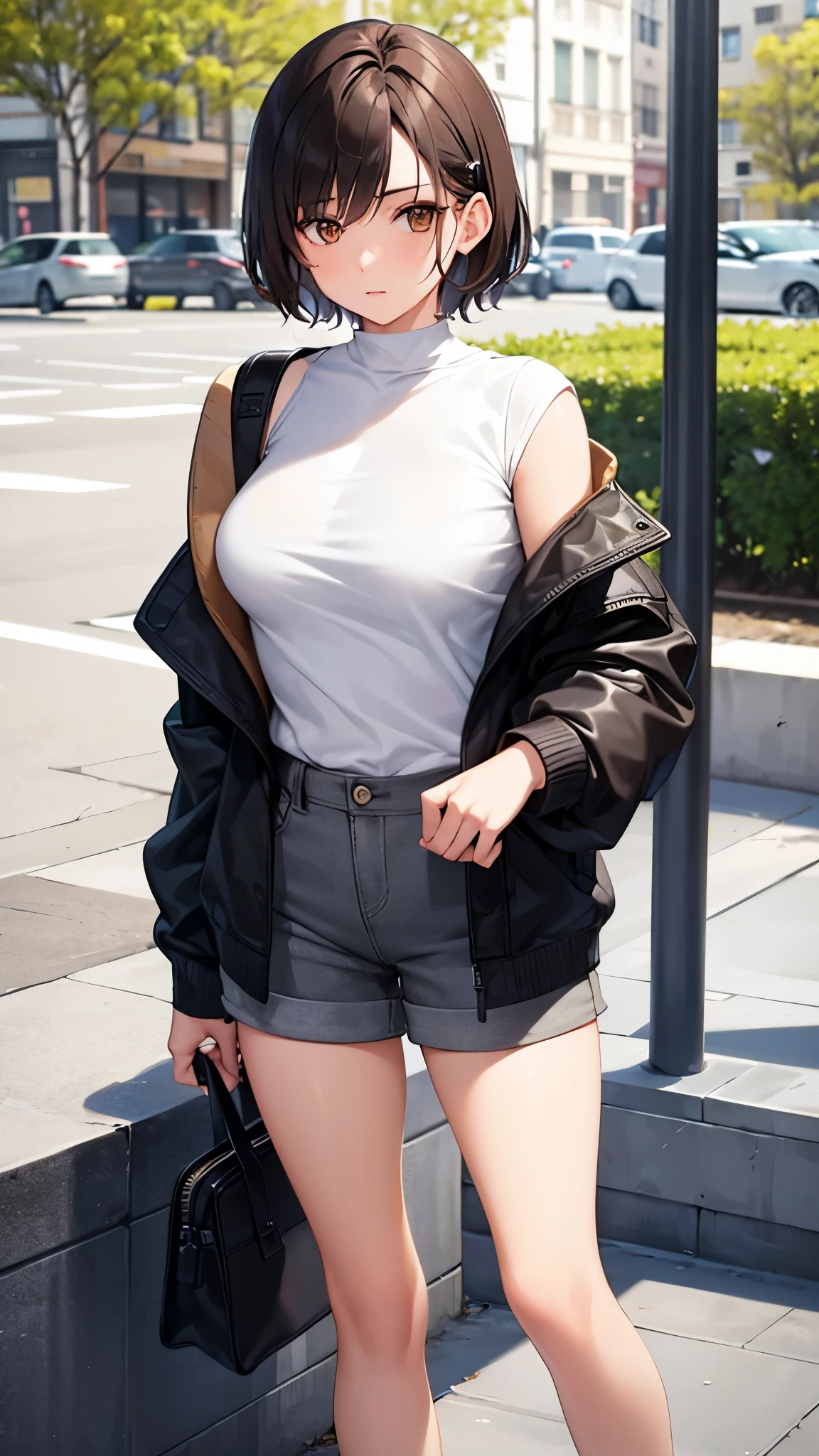 Girl, short hair, brown hair, brown eyes, cute girl, grey sweater, hotpants, hot girls