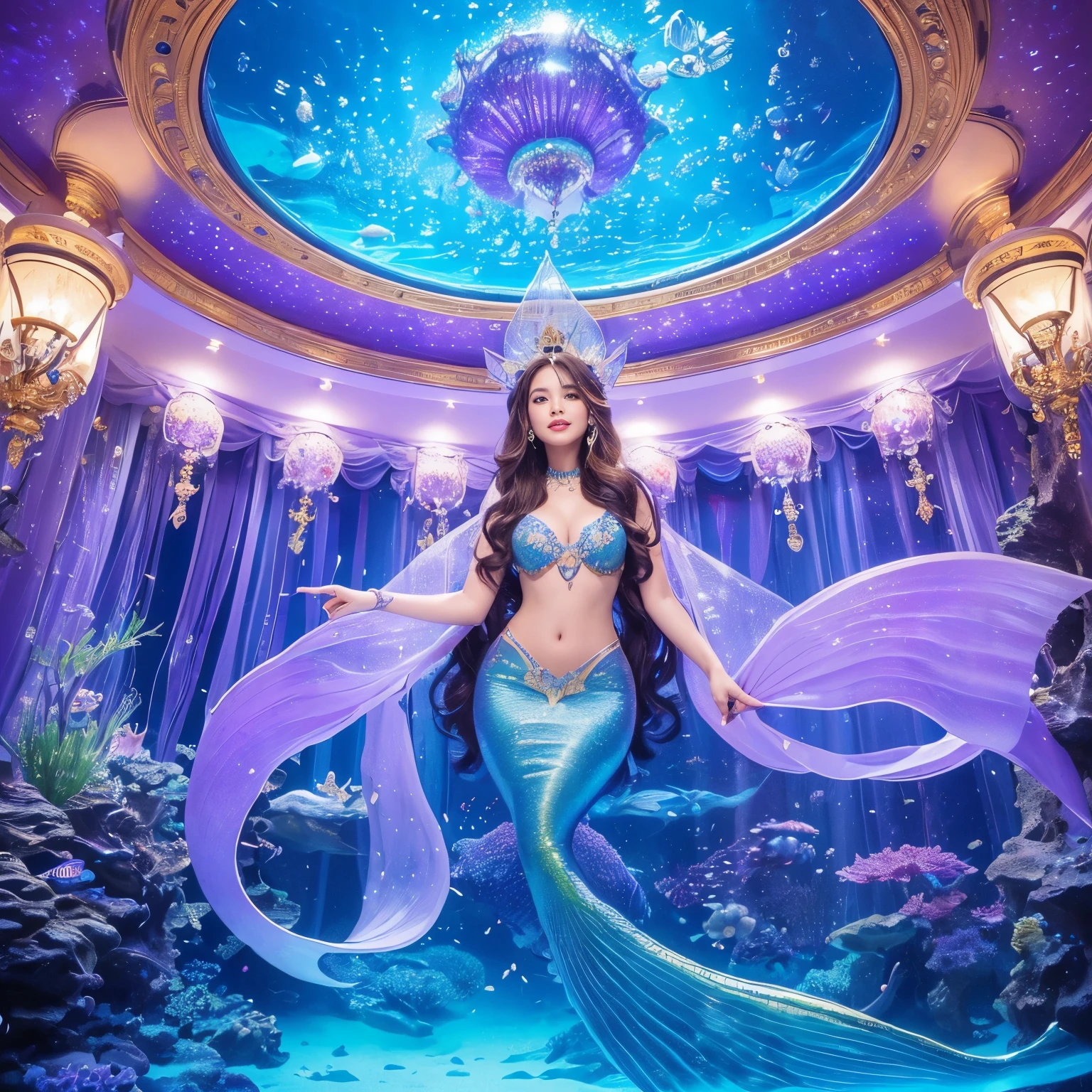 (highest quality、table top、8K、best image quality、hyper realism)、(The most extravagant and extravagant mermaid goddess:1.2)、(The most extravagant and gorgeous mermaid princess:1.2)、(The most realistic and perfect mermaid tail and scales:1.2)、(The most realistic and perfect mermaid tail:1.3)、(The most luxurious and finest transparent sleeve:1.1)、(upper body photo:1.1)、(The wall of the room is a huge high quality aquarium:1.2)、(A huge, highly detailed aquarium of the highest quality:1.3)、(Surrounded by a huge aquarium of the highest quality:1.2)、(The highest quality aquarium with the most fantastic dome-shaped ceiling:1.2)、(Detailed depiction of the most beautiful gigantic aquarium that shines fantastically:1.2)、(Surrounded by the most luxurious and fantastical huge purple and blue aquarium:1.2)、(Huge aquarium with the most detailed depiction of marine life:1.2)、(Sparkling purple and blue、Luxurious princess room with the most magical domed ceiling:1.2), (Glowing room made of the most magical purple and blue sparkling crystals:1.3)、(There are many beautiful corals and shells in the room.)、(the best smile when you look at me:1.2)、Wavy brown hair、Complex, Finely shining scales、(Finest Huge Jewelry Decoration:1.1)、The most gorgeous luxury princess costume、the most luxurious decoration、全身にComplex宝石が施されている、Please describe her face in detail、Giant tiara、Clear and detailed background、(Everything is a fantastic and glittering background:1.1)、(accurate anatomy:1.1)、(The most luxurious and huge finest jewelry decoration:1.1)、(The most fantastic and luxurious huge aquarium:1.3)