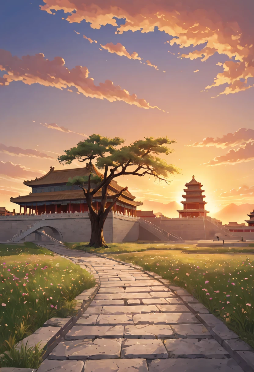 Gaze at the distant skyline,那Sunset余晖与古老的the forbidden city映造出一道美丽的风景,Ancient road westerly wind,the forbidden city,Sunset,Sunset,cloud,fallen flowers,ancient city,dead tree,mottled,grassland,Silent and desolate,Old crow