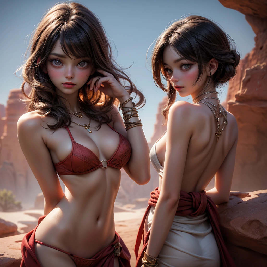 photo portrait of a  pretty woman in the dark resets of the Red desert rock formations of Utah, 18 years old, round pupils, soft loving tender gaze, slightly opened lips, endomorphic female body, a-cup breasts, navel, swaddled in a thin diaphanous clothe, loincloth, iron jewels, primitive iron necklace, iron bracelets, cornea reflections, (veiny sclera:0.8), detailed skin texture, skin pores, skin fuzz, peach skin, vellus hair, translucency, subsurface scattering, skin bump, goose bump, detailed body, detailed face, detailed eyes, depth of field, (exquisite natural backlighting:1.4), 
