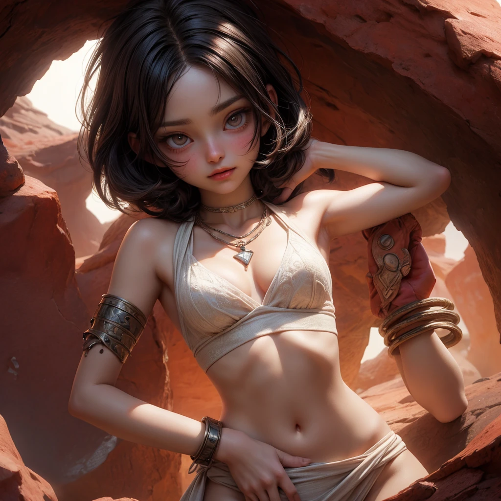 photo portrait of a  pretty woman in the dark resets of the Red desert rock formations of Utah, 18 years old, round pupils, soft loving tender gaze, slightly opened lips, endomorphic female body, a-cup breasts, navel, swaddled in a thin diaphanous clothe, loincloth, iron jewels, primitive iron necklace, iron bracelets, cornea reflections, (veiny sclera:0.8), detailed skin texture, skin pores, skin fuzz, peach skin, vellus hair, translucency, subsurface scattering, skin bump, goose bump, detailed body, detailed face, detailed eyes, depth of field, (exquisite natural backlighting:1.4), 