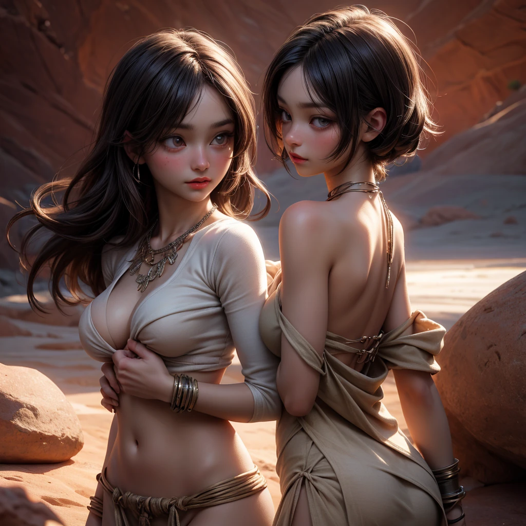 photo portrait of a  pretty woman in the dark resets of the Red desert rock formations of Utah, 18 years old, round pupils, soft loving tender gaze, slightly opened lips, endomorphic female body, a-cup breasts, navel, swaddled in a thin diaphanous clothe, loincloth, iron jewels, primitive iron necklace, iron bracelets, cornea reflections, (veiny sclera:0.8), detailed skin texture, skin pores, skin fuzz, peach skin, vellus hair, translucency, subsurface scattering, skin bump, goose bump, detailed body, detailed face, detailed eyes, depth of field, (exquisite natural backlighting:1.4), 