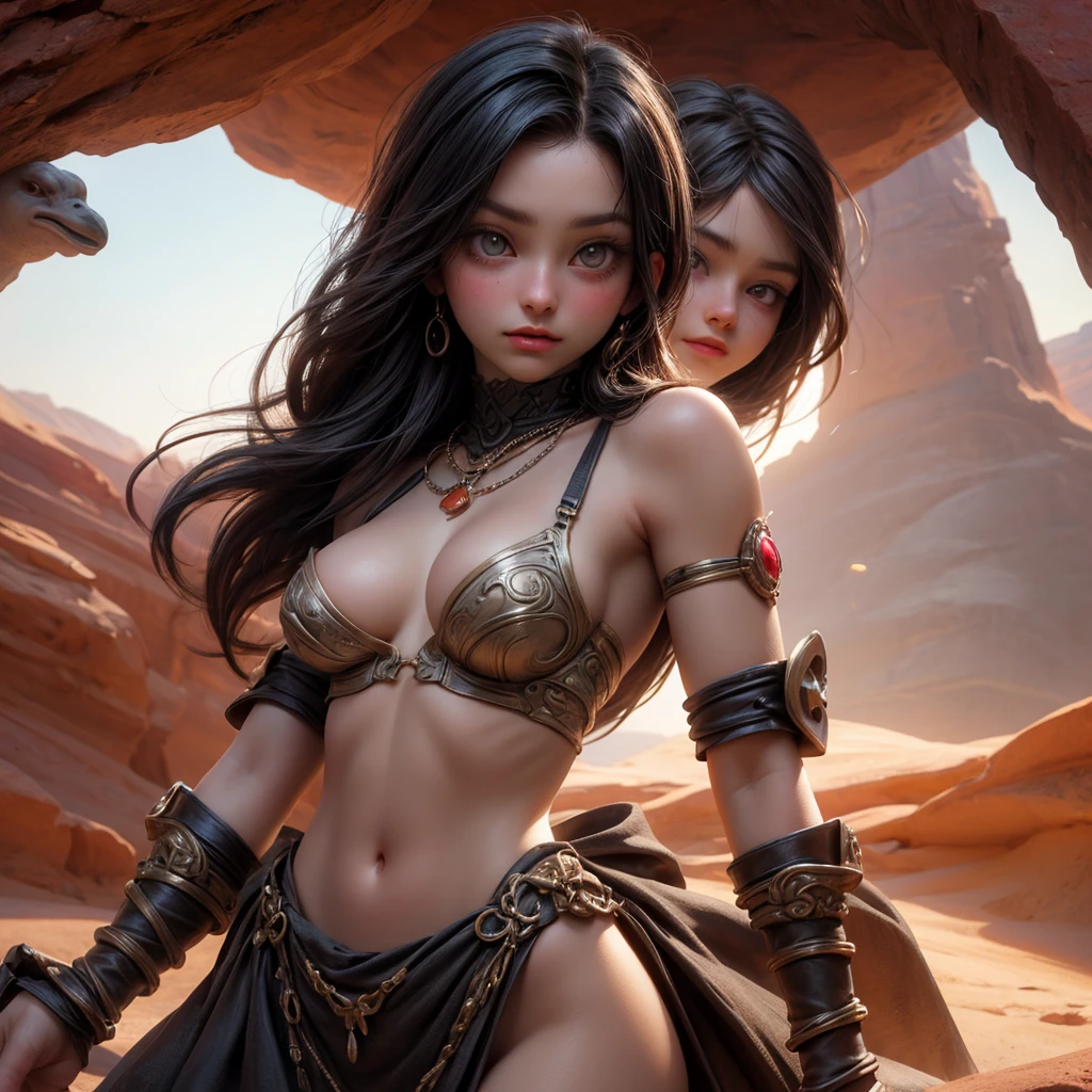 photo portrait of a  pretty woman in the dark resets of the Red desert rock formations of Utah, 18 years old, round pupils, soft loving tender gaze, slightly opened lips, endomorphic female body, a-cup breasts, navel, swaddled in a thin diaphanous clothe, loincloth, iron jewels, primitive iron necklace, iron bracelets, cornea reflections, (veiny sclera:0.8), detailed skin texture, skin pores, skin fuzz, peach skin, vellus hair, translucency, subsurface scattering, skin bump, goose bump, detailed body, detailed face, detailed eyes, depth of field, (exquisite natural backlighting:1.4), 