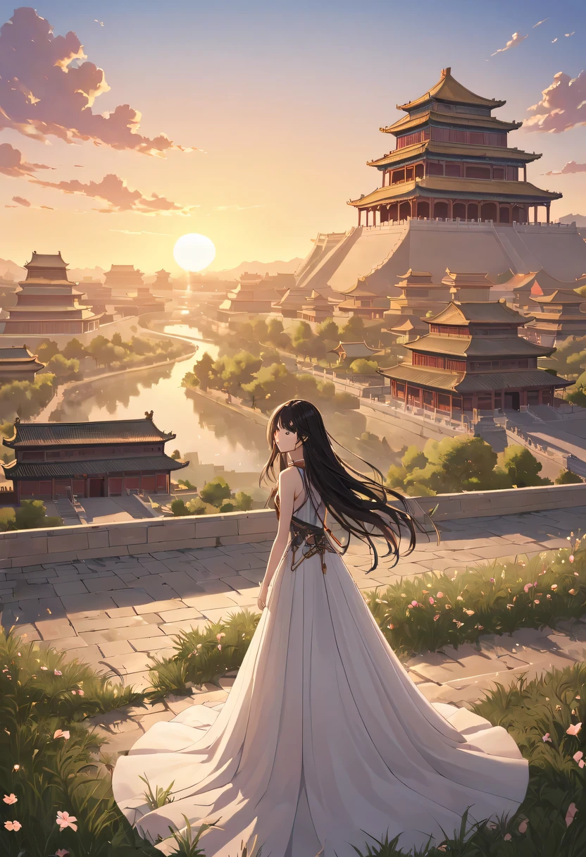 1 girl,模特拍照姿势站在ancient city房屋的顶端,flowing long hair,Gaze at the distant skyline,那Sunset余晖与古老的the forbidden city映造出一道美丽的风景,west wind blows girl'Long hair on the ancient road,the forbidden city,Sunset,Sunset,cloud,fallen flowers,ancient city,dead tree,mottled,grassland,Silent and desolate,