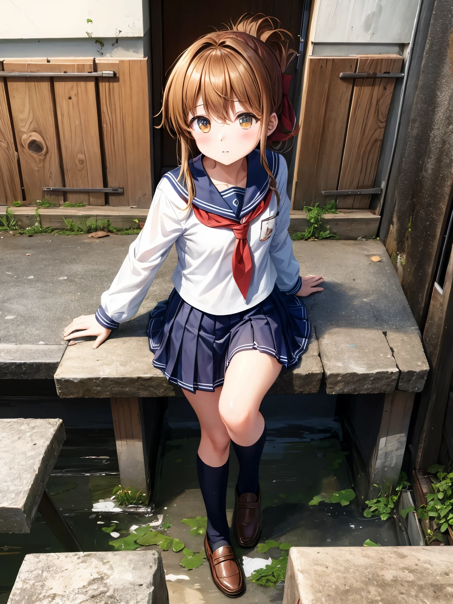 (masterpiece, highest quality:1.2),figure,8K,HD,1 girl,alone,Brown_hair,folded_ponytail,Brown_eye,serafuku,length_hair,School_uniform,skirt,pleats_skirt,セーラー服を着た体調の悪い女子高生がSchoolの体育館の床に座り、observing classes.