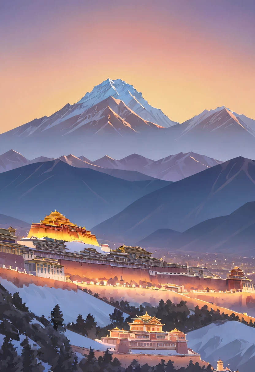 Potala Palace sunset，Distant Mount Everest，The mysterious Potala Palace，Solemn and sacred，Majestic and glorious