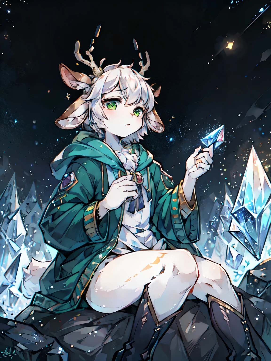 A white deer,Green eyes,Hooded jacket,antlers,sitting on a rock,hands out,starry sky,Brilliant Milky Way,Reach out and pick up the stars,Crystal pupils
