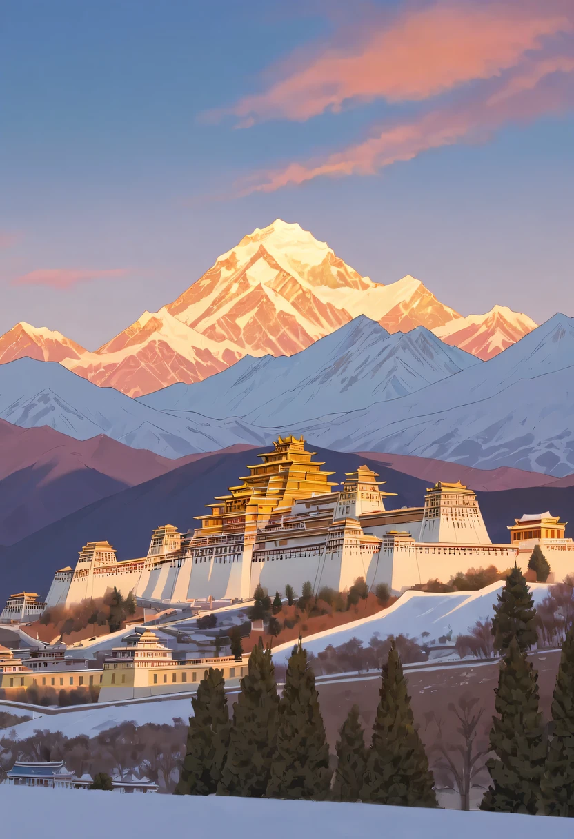Potala Palace sunset，Distant Mount Everest，Solemn and sacred，Majestic and glorious