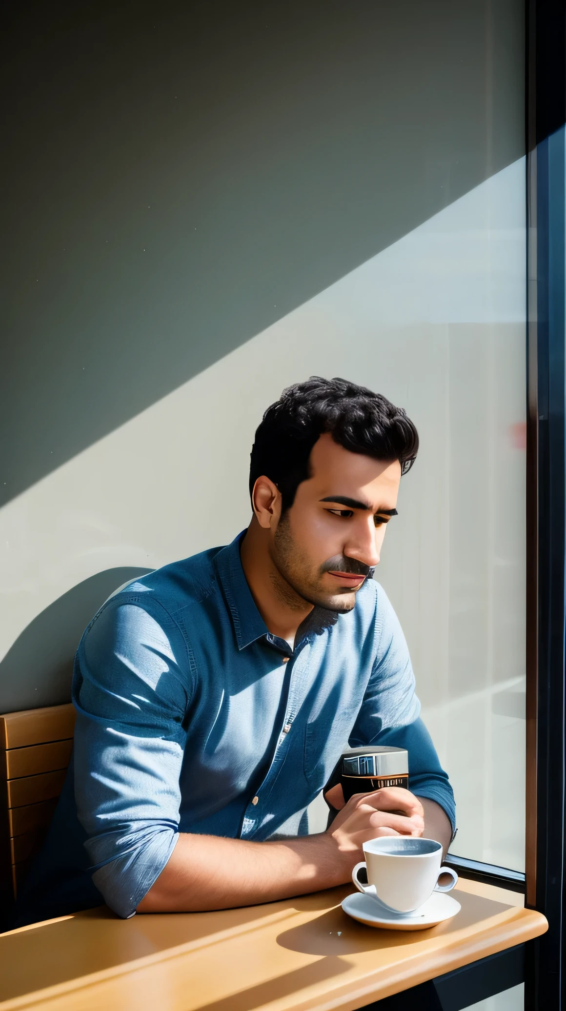 arafed man sitting at a table with a cup of coffee, lofi portrait at a window, sad man, leaning against the window, attractive man, high quality portrait, sitting in a cafe alone, pensive, frank moth, sitting on a window sill, man sitting facing away, sitting in a cafe, profile shot, young man, 3 5 mm portrait