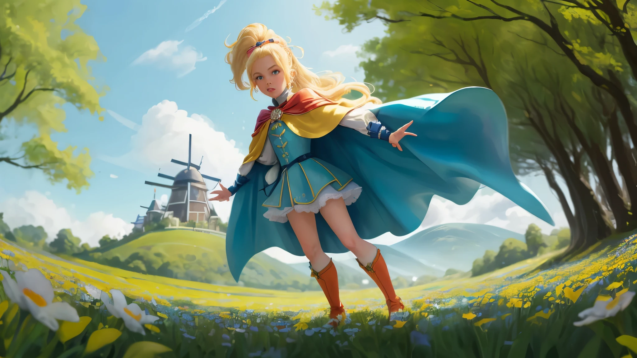 role play style, AS-YoungerV2 DollieNobodySD15 Medieval Princess Cyan Dress, meticulously made, Gorgeous, Adventurer's cape, (blonde hair, top ponytail:1.1), Standing in the tall flower field, canopy overhead (Takayama:1.1), clear sky, (masterpiece:1.3) (best quality) (detailed) (8k) (human development report) (Cinema lighting) (sharp focus) (complex) (intense action scene, Dutch Cape, Foreshortening, motion blur, Blurred foreground:1.3)