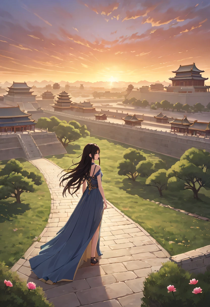 1 girl，模特拍照姿势站在ancient city房屋的顶端，flowing long hair，Gaze at the distant skyline，那Sunset余晖与古老的the forbidden city映造出一道美丽的风景，west wind blows girl&#39;Long hair on the ancient road，the forbidden city，Sunset，Sunset，cloud，fallen flowers，ancient city，dead tree，mottled，grassland，Silent and desolate，