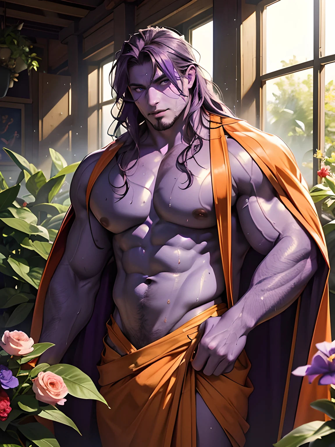 ((intricate design)) Top quality, 16K, High Definition, 16K splash art, high res, ultra sharp, masterpiece, ((masterpiece)), best quality, expressive eyes, perfect face, , masterpiece, ray tracing, (((1male))), (((fully purple skin))) (((bodybuilder))) male humanoid, deity, god of flowers, humanoid flower, humanoid blooming, flower bed, flower garden, in a greenhouse, big pecs, big man, big thighs (((natural lighting))) (((Purple Skin!))), (((purple long hair!))) (((purple skin tone!))) (((purple skin complexion))) (((wearing orange robes))), god rays, fruity, zesty personality, blue eyes, bloom, handsome humanoid male, sexy humanoid male, humanoid male bodybuilder attractive, spreading his pheromones, plants, pot plants, blooming, god rays, blooming plant, bulge, wet body, sweaty, sweaty body, oily body, oily, Glimmer,