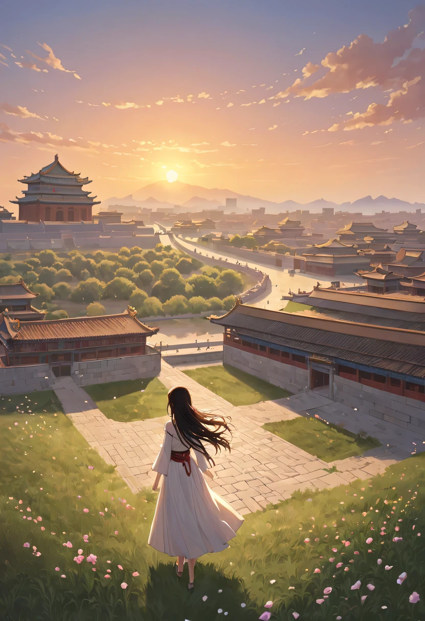 Gaze at the distant skyline，那Sunset余晖与古老的the forbidden city映造出一道美丽的风景，Ancient road westerly wind，the forbidden city，Sunset，Sunset，cloud，fallen flowers，ancient city，dead tree，mottled，grassland，Silent and desolate，Old crow