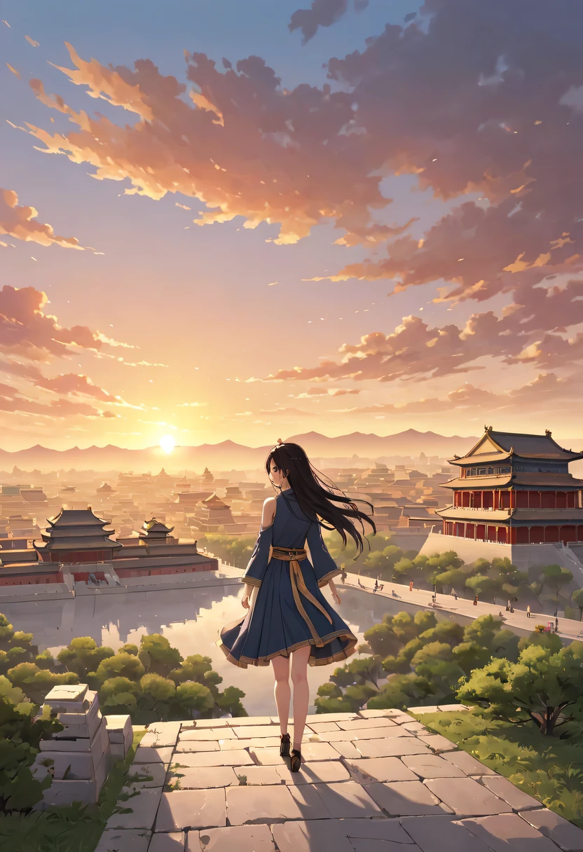 1 girl,模特拍照姿势站在ancient city房屋的顶端,flowing long hair,Gaze at the distant skyline,那Sunset余晖与古老的the forbidden city映造出一道美丽的风景,west wind blows girl'Long hair on the ancient road,the forbidden city,Sunset,Sunset,cloud,fallen flowers,ancient city,dead tree,mottled,grassland,Silent and desolate,