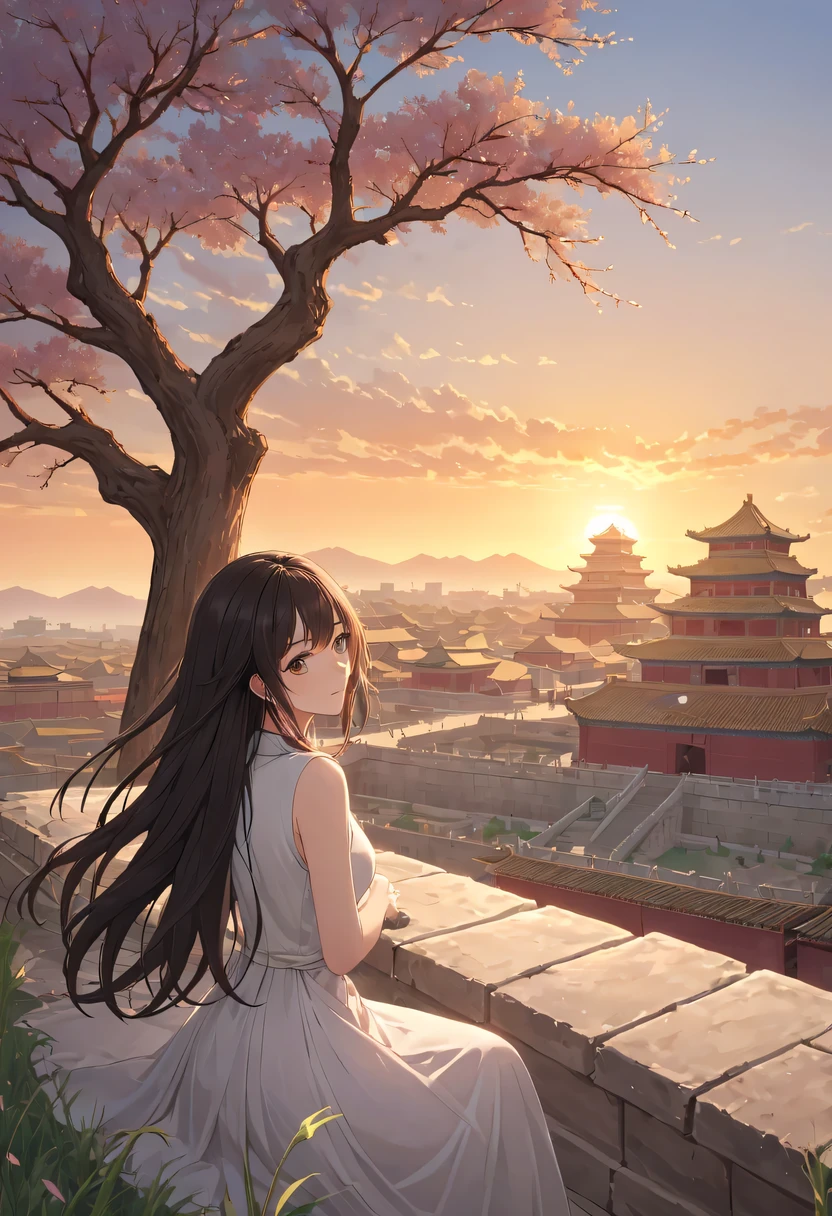 1 girl，模特拍照姿势站在ancient city房屋的顶端，flowing long hair，Gaze at the distant skyline，那Sunset余晖与古老的the forbidden city映造出一道美丽的风景，west wind blows girl&#39;Long hair on the ancient road，the forbidden city，Sunset，Sunset，cloud，fallen flowers，ancient city，dead tree，mottled，grassland，Silent and desolate，