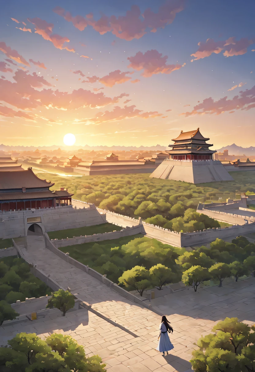 Gaze at the distant skyline，那Sunset余晖与古老的the forbidden city映造出一道美丽的风景，Ancient road westerly wind，the forbidden city，Sunset，Sunset，cloud，fallen flowers，ancient city，dead tree，mottled，grassland，Silent and desolate，Old crow