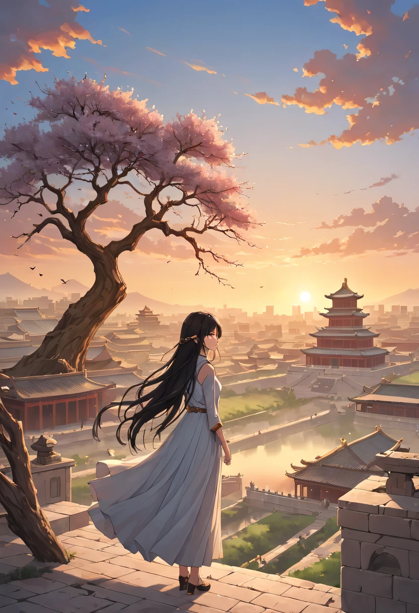Gaze at the distant skyline，那Sunset余晖与古老的the forbidden city映造出一道美丽的风景，Ancient road westerly wind，the forbidden city，Sunset，Sunset，cloud，fallen flowers，ancient city，dead tree，mottled，grassland，Silent and desolate，Old crow