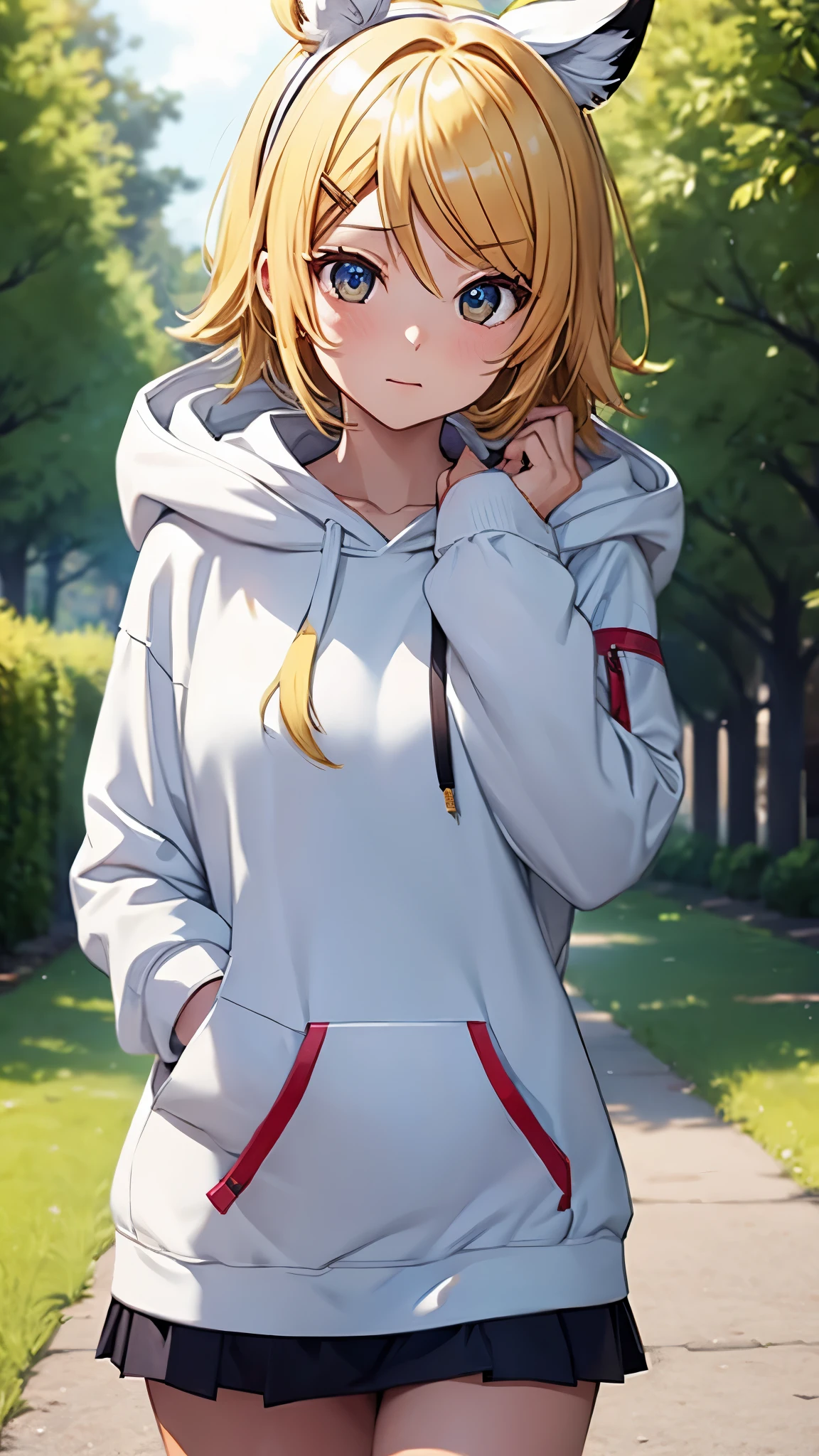 Kagamine rin , 1 girl , wearing a red hooded sweater , white miniskirt with gold horizontal lines , viendo al espectador , bragas visibles , rostro seductor ,(imagen de ultra alta calidad 8k ) obra maestra ( high-definition picture ) , maximum image resolution , ( detalles de la imagen bien definidos )