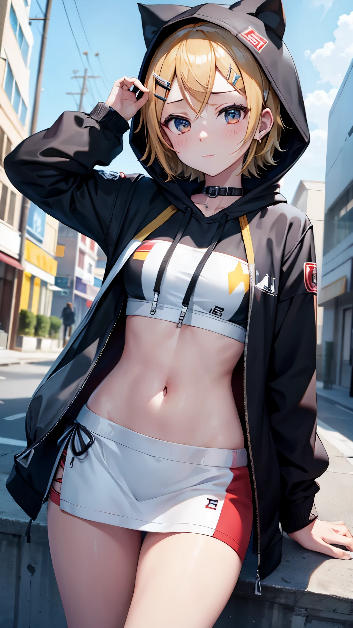 Kagamine rin , 1 girl , wearing a red hooded sweater , white miniskirt with gold horizontal lines , viendo al espectador , bragas visibles , rostro seductor ,(imagen de ultra alta calidad 8k ) obra maestra ( high-definition picture ) , maximum image resolution , ( detalles de la imagen bien definidos )