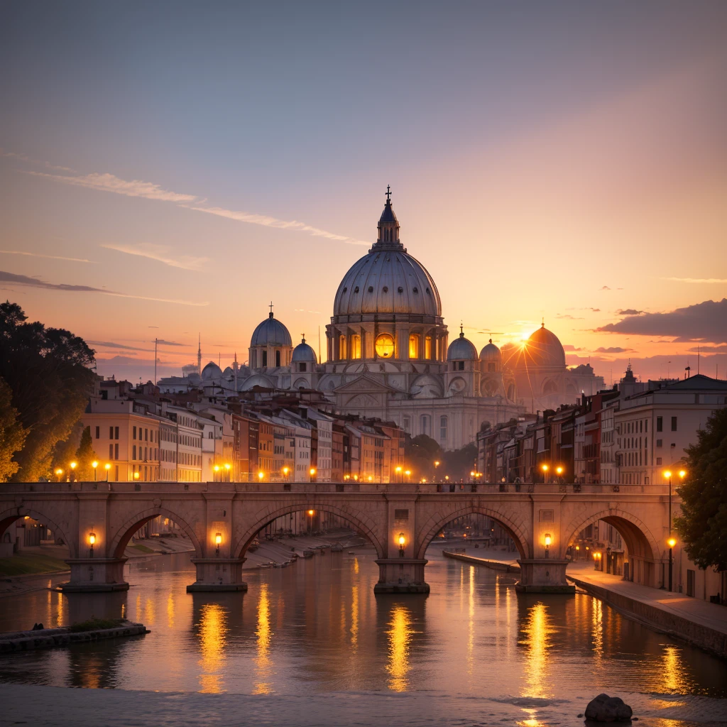 masterpiece, Vatican City skyline,San Pietro Cathedral, (Vivid sunset, Big sunset), Fantastic, Mysterious, surreal, Super detailed, Complex, dramatic, 