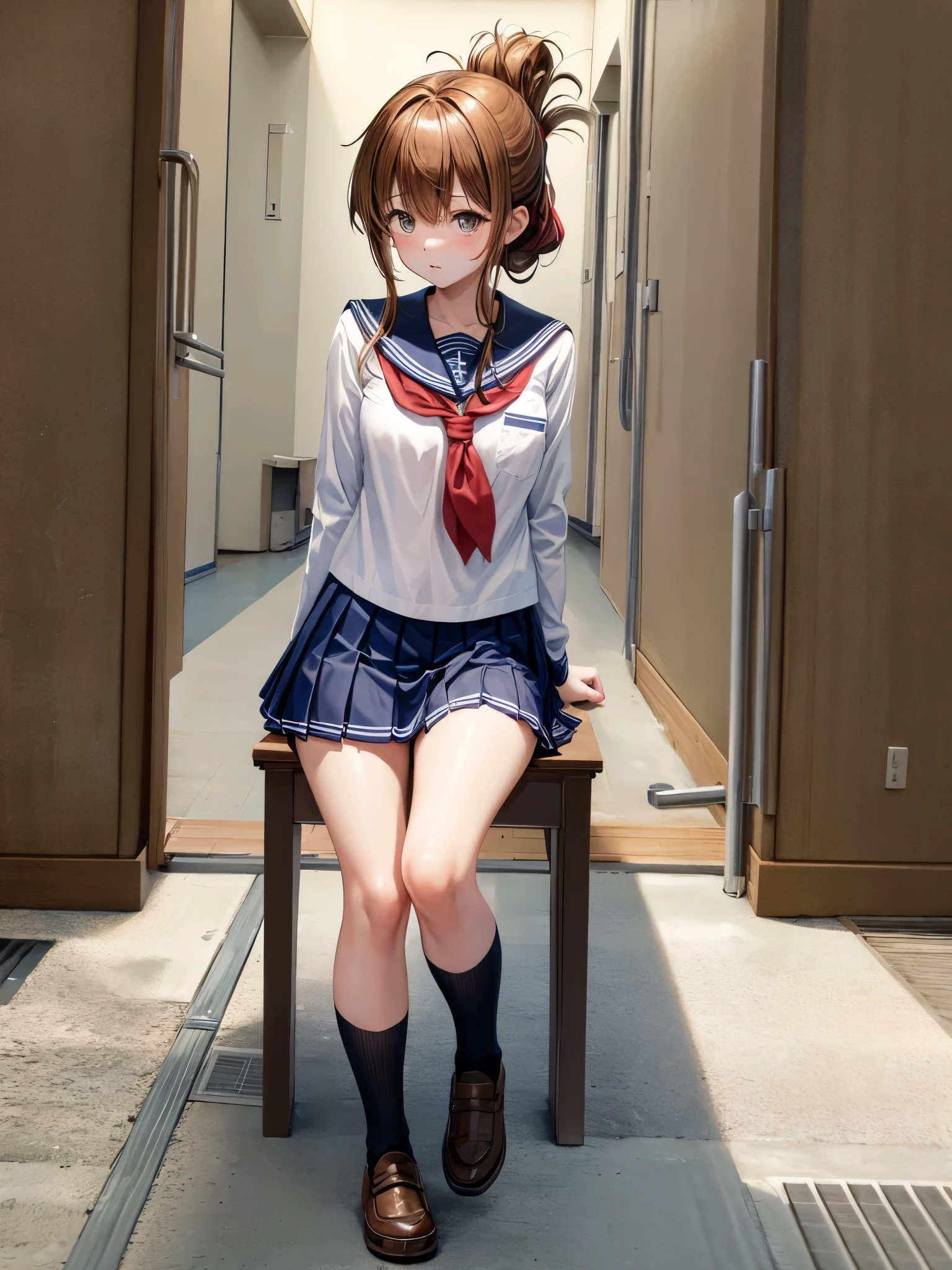 (masterpiece, highest quality:1.2),figure,8K,HD,1 girl,alone,Brown_hair,folded_ponytail,Brown_eye,serafuku,length_hair,School_uniform,skirt,pleats_skirt,セーラー服を着た体調の悪い女子高生がSchoolの体育館の床に座り、holding one&#39;s knees