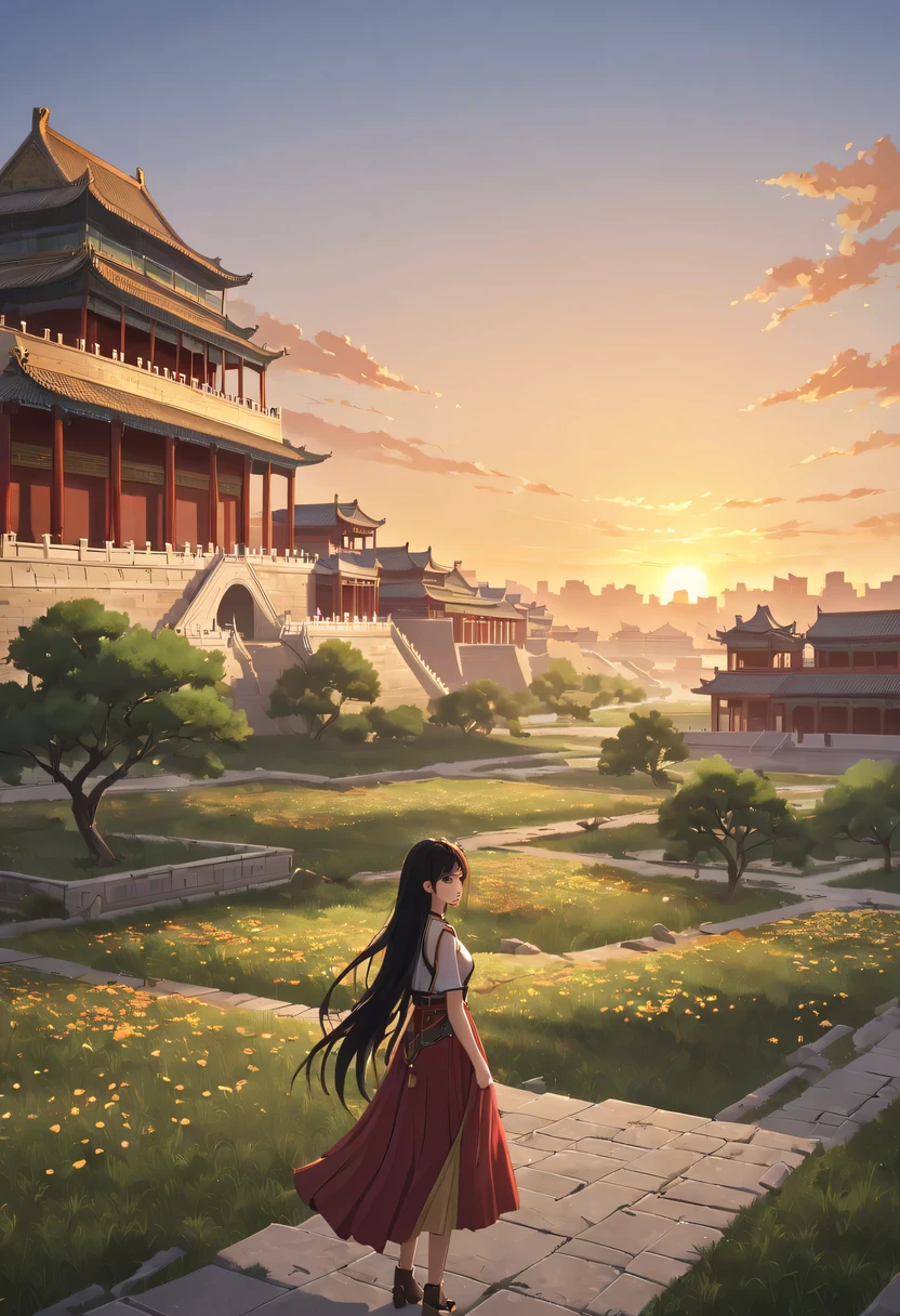 1 girl，模特拍照姿势栖息在ancient city房屋的顶端，Gaze at the distant skyline，那Sunset余晖与古老的the forbidden city映造出一道美丽的风景，west wind blows girl&#39;Long hair on the ancient road，the forbidden city，Sunset，Sunset，cloud，fallen flowers，ancient city，dead tree，Old crow，mottled，grassland，Silent and desolate，