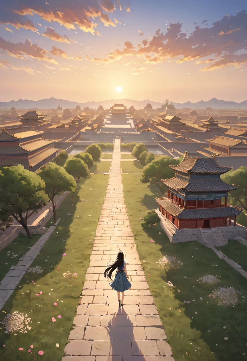 1 girl，模特拍照姿势栖息在ancient city房屋的顶端，Gaze at the distant skyline，那Sunset余晖与古老的the forbidden city映造出一道美丽的风景，west wind blows girl&#39;Long hair on the ancient road，the forbidden city，Sunset，Sunset，cloud，fallen flowers，ancient city，dead tree，Old crow，mottled，grassland，Silent and desolate，