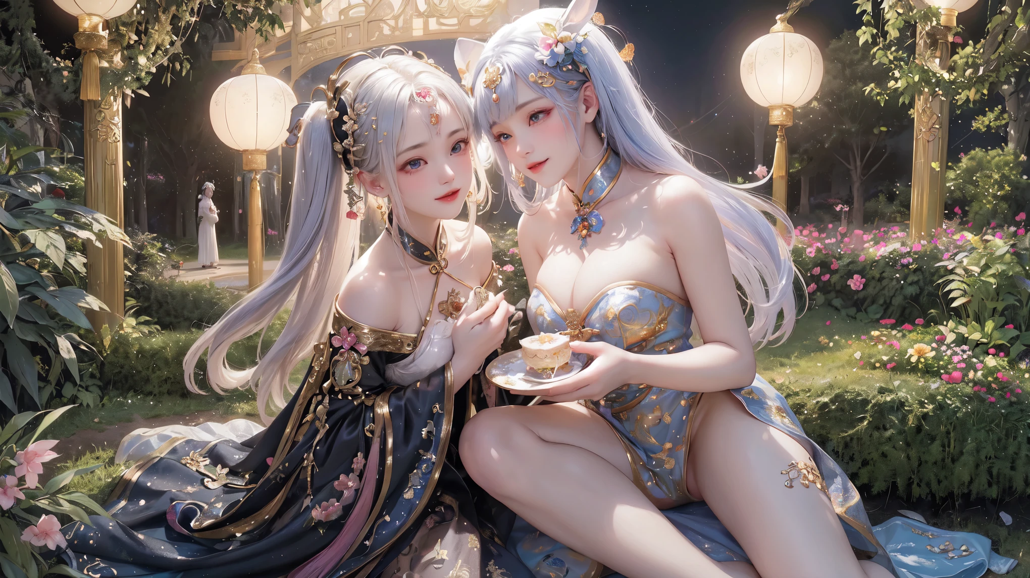 (a girl with beautiful detailed eyes,rosy lips and a radiant smile) (sits gracefully in a colorful blooming garden) (surrounded by vibrant flowers and lush greenery) (under the peaceful and gentle moonlight) (shining down from the celestial moon palace) (named after the legendary Chinese goddess Chang'e). (The girl holds a plate of delicious mooncakes) (decorated with intricate patterns and filled with sweet flavors) (symbolizing reunion and joy) (during the Mid-Autumn Festival). (A group of adorable rabbits) (playfully hop and frolic around the girl) (adding a playful and lively atmosphere to the scene).
(best quality, 4k, 8k, highres, masterpiece:1.2), ultra-detailed, (realistic, photorealistic, photo-realistic:1.37) (illustration) (crafted with meticulous brushwork and vibrant colors) (evoking the essence of traditional Chinese painting) (to create a harmonious blend of tradition and imagination). The (soft lighting) (illuminates the scene with a gentle glow) (accentuating the dream-like ambiance) (and enhancing the enchanting beauty of the girl and the garden). Additionally, the (assorted warm colors) (imbue the scene with a sense of comfort and tranquility) (while paying homage to the autumn season and the festival's traditional color palette).