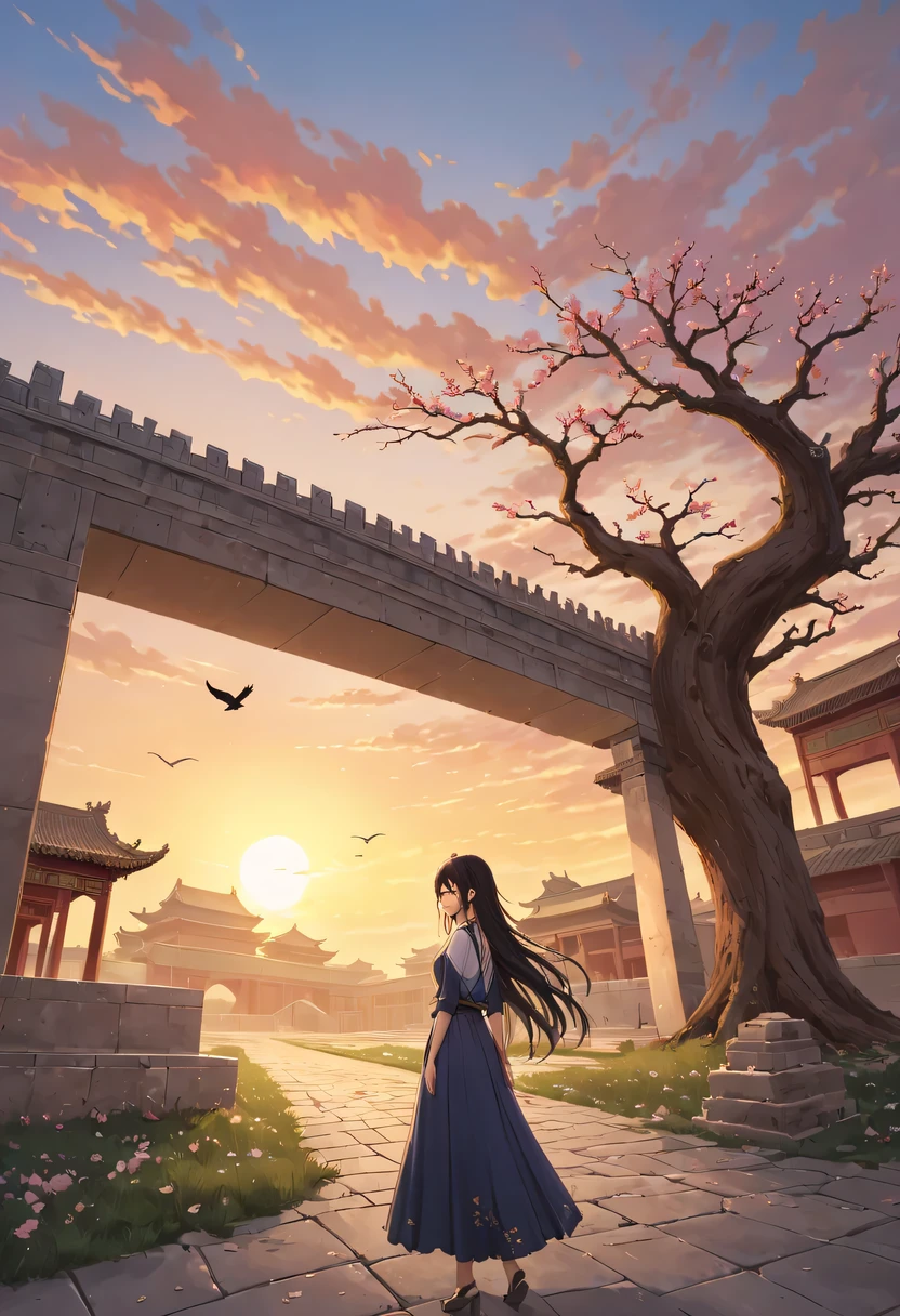 1 girl，模特拍照姿势站在ancient city房屋的顶端，Gaze at the distant skyline，那Sunset余晖与古老的the forbidden city映造出一道美丽的风景，west wind blows girl&#39;Long hair on the ancient road，the forbidden city，Sunset，Sunset，cloud，fallen flowers，ancient city，dead tree，Old crow，mottled，grassland，Silent and desolate，